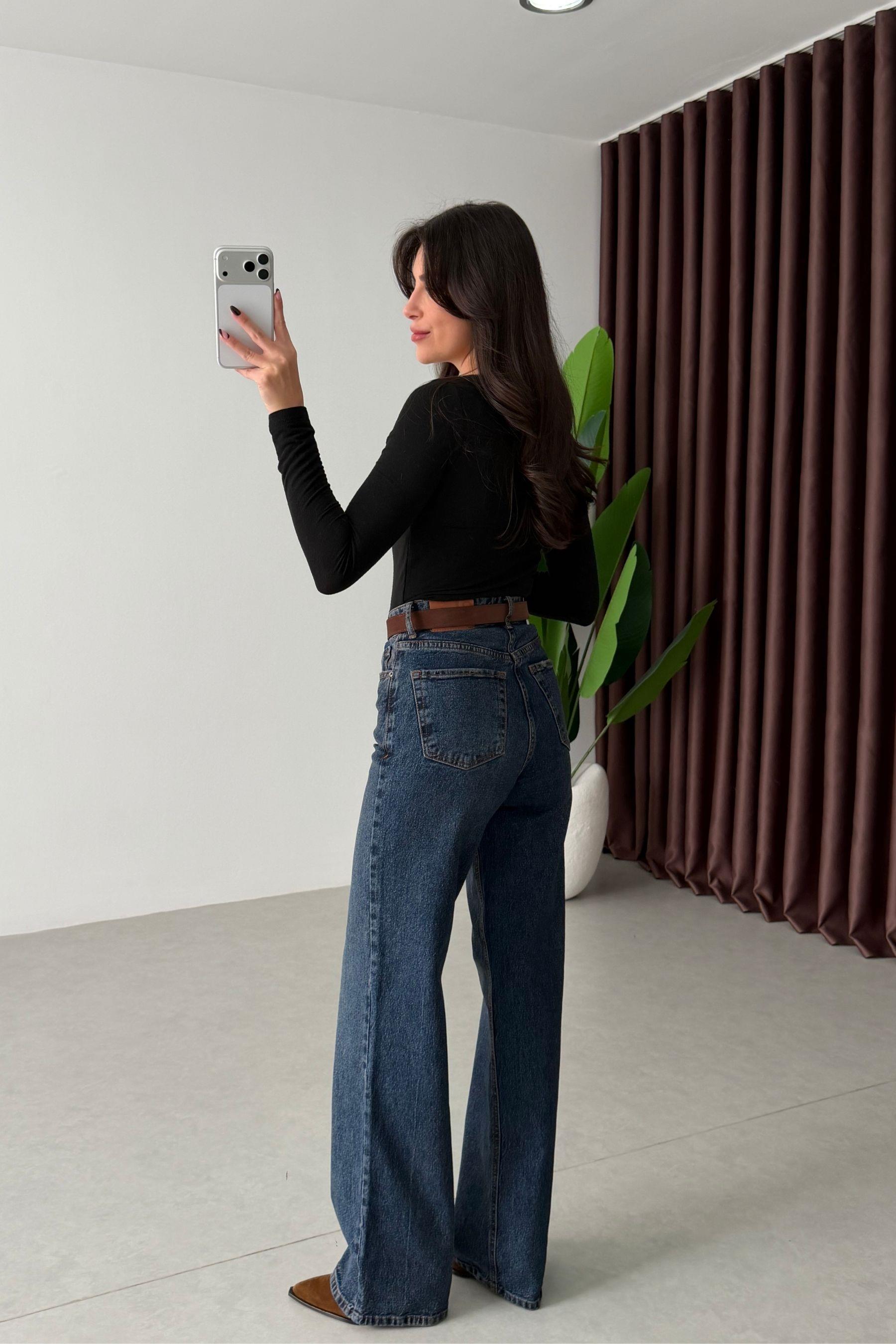 Dena Koyu Mavi Kemerli Wide Leg Jean
