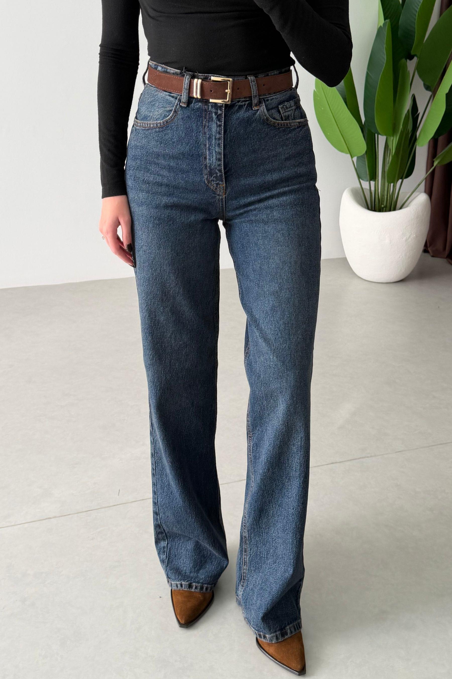 Dena Koyu Mavi Kemerli Wide Leg Jean