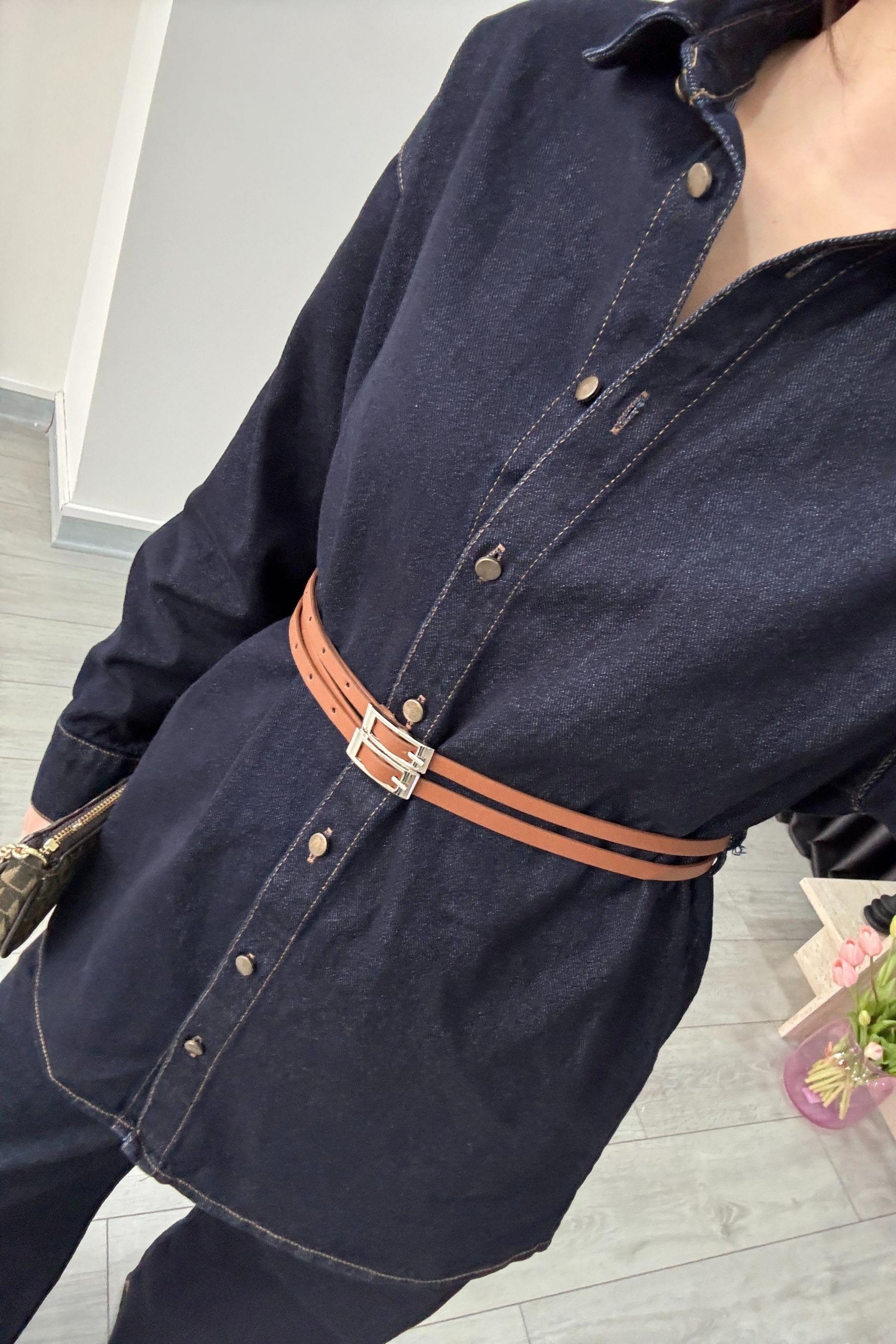 Çift Kemerli Denim Gömlek Pantolon Takım