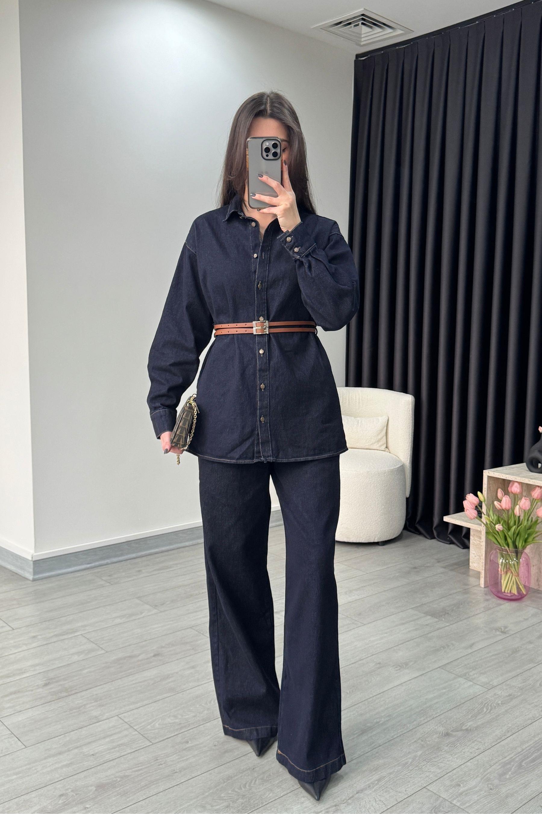 Çift Kemerli Denim Gömlek Pantolon Takım