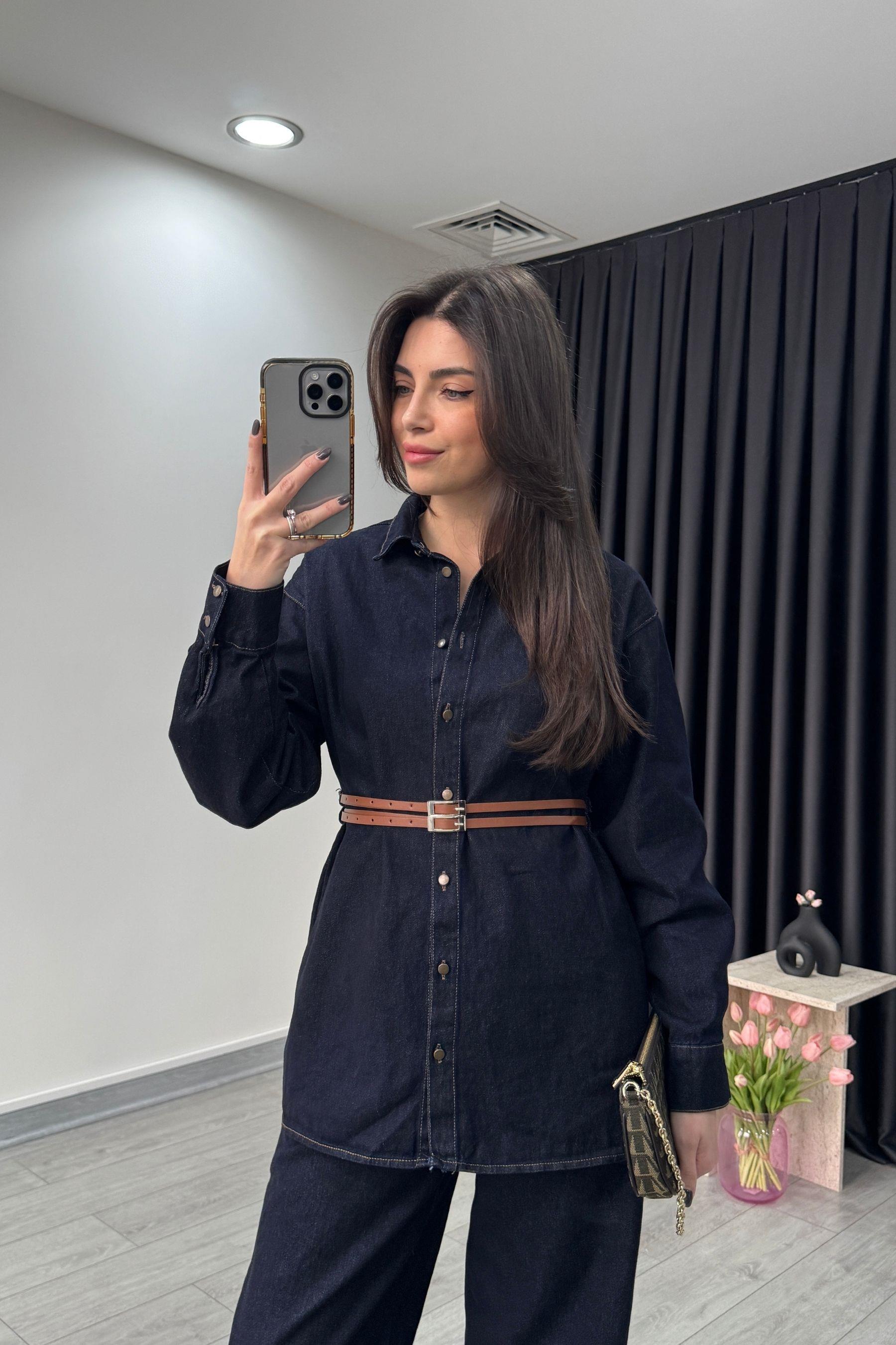 Çift Kemerli Denim Gömlek Pantolon Takım