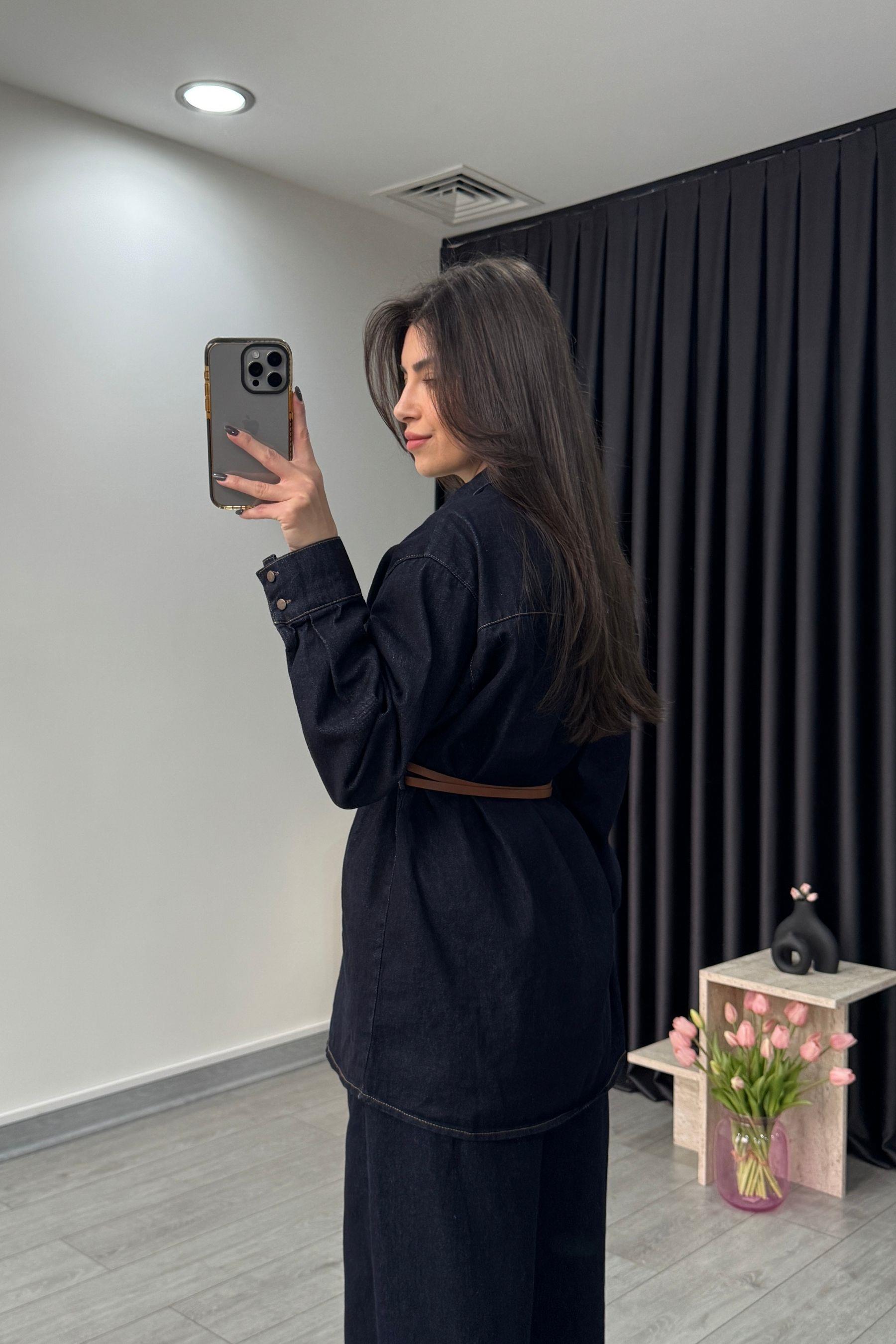 Çift Kemerli Denim Gömlek Pantolon Takım