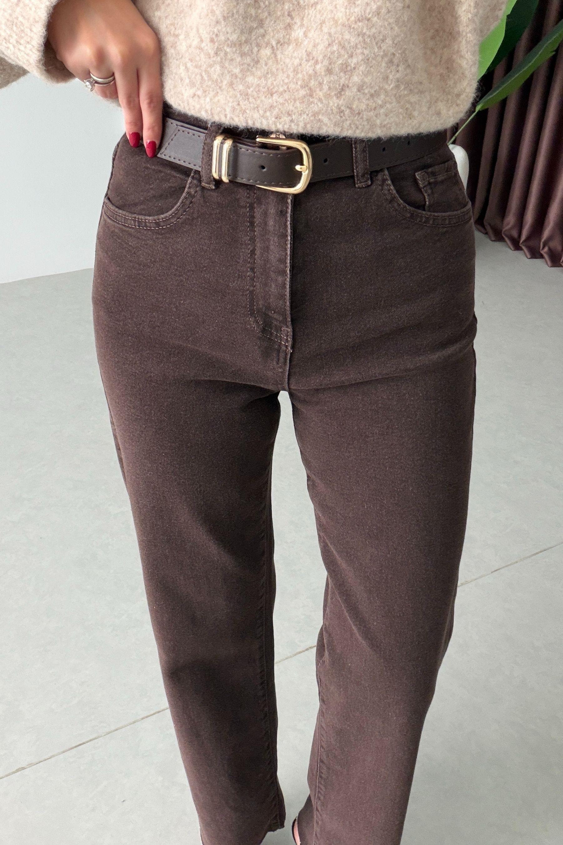 Desin Kahve Kesik Paça Straight Fit Kemerli Jean