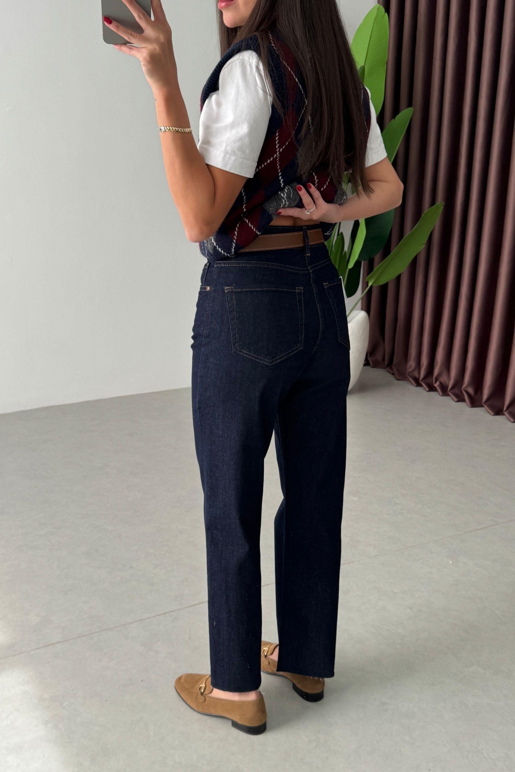 Desin Lacivert Kesik Paça Straight Fit Kemerli Jean