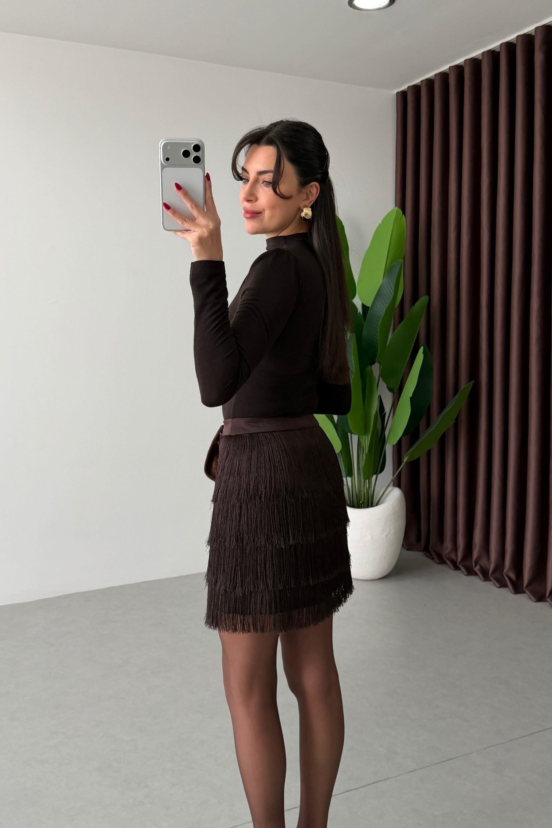 Dolce Kahve Püsküllü Mini Etek
