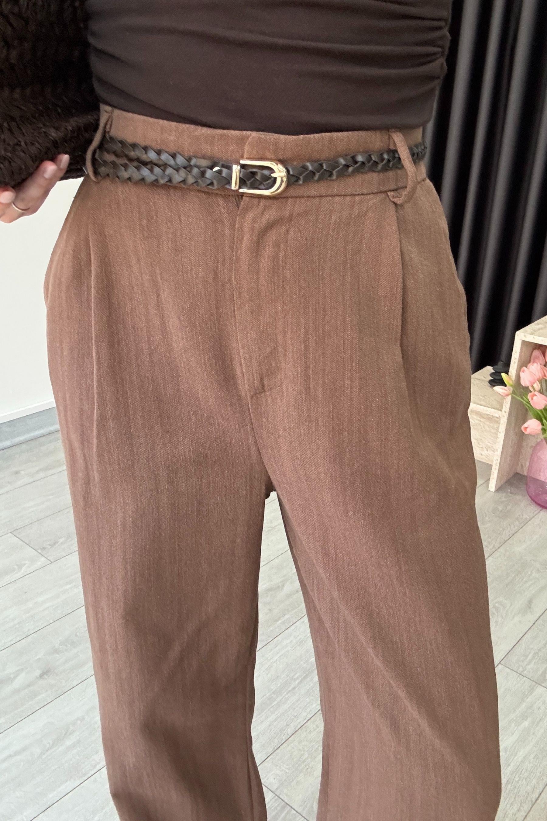Duno Kahve Keten Kemerli Pantolon