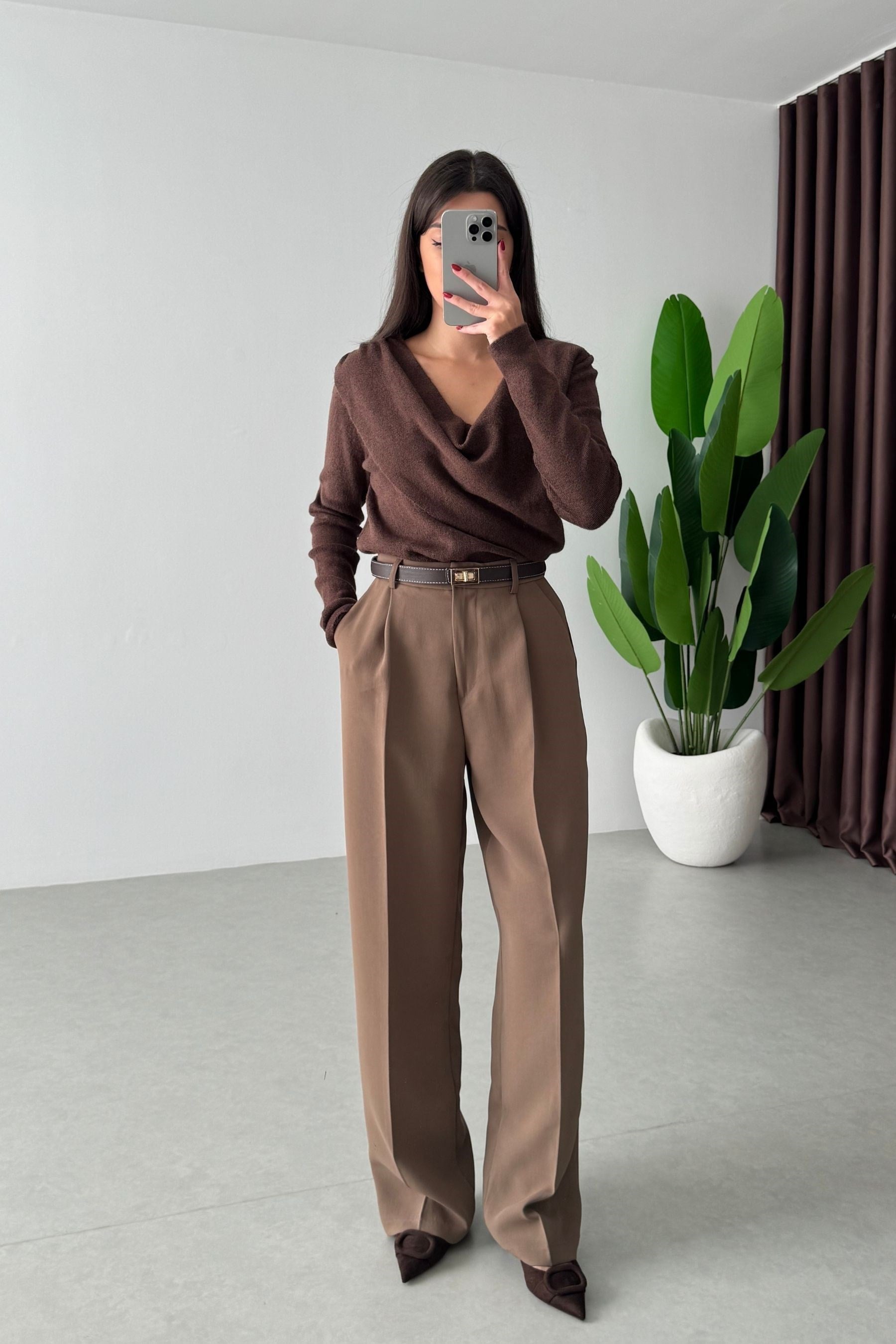 Edna Camel Krep Kumaş Palazzo Pantolon