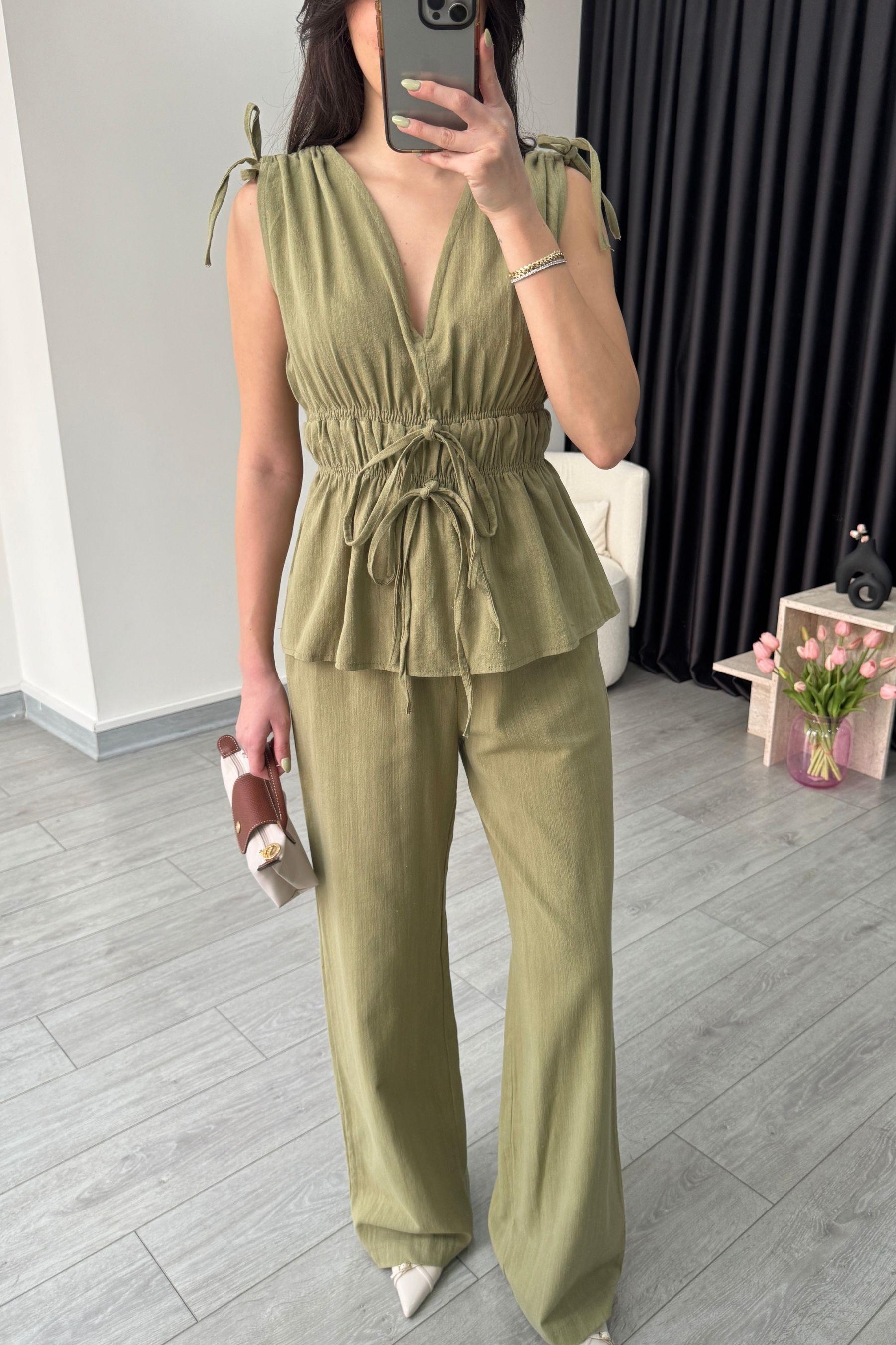 Elina Keten Dokulu Haki Bluz Pantolon Takım