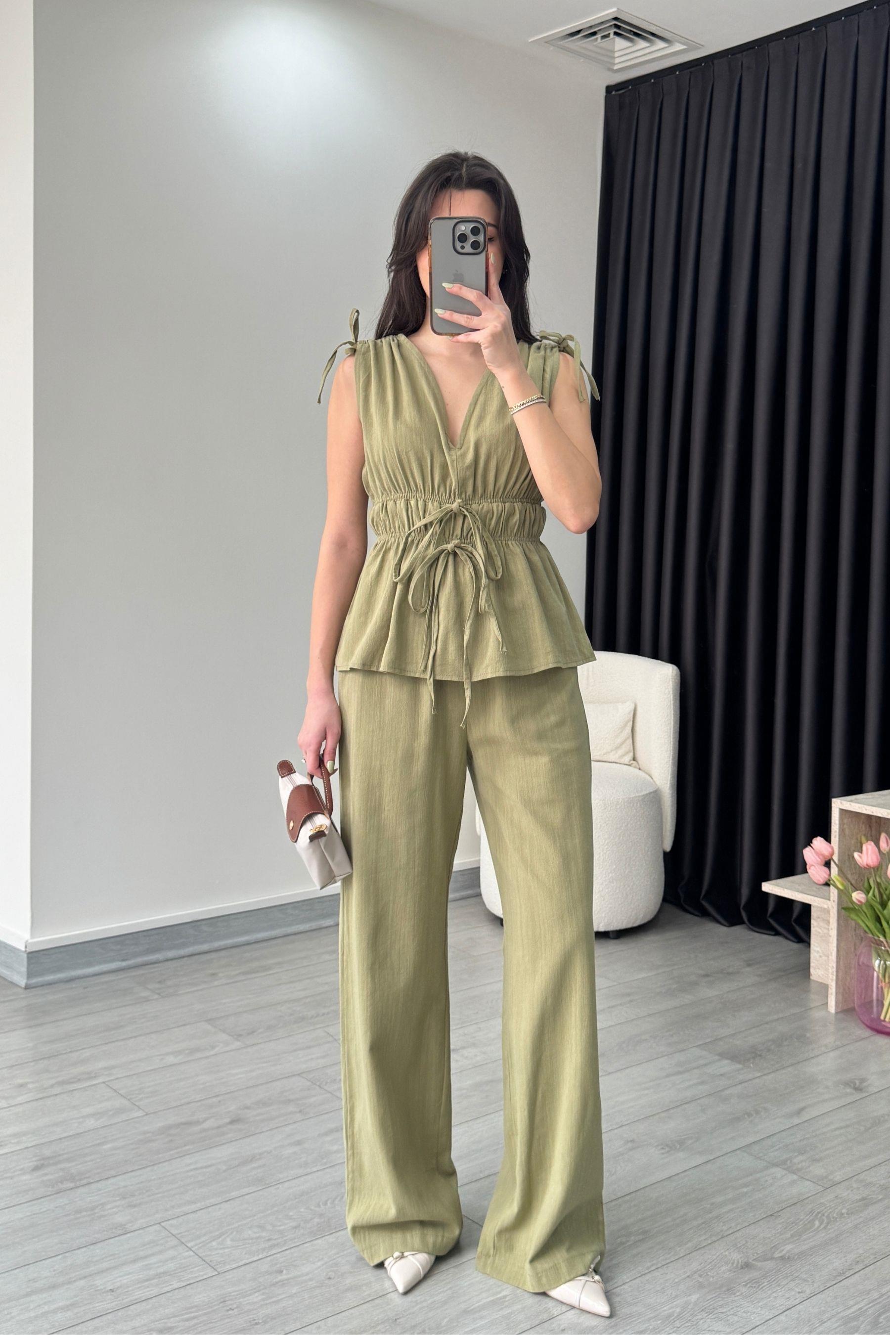 Elina Keten Dokulu Haki Bluz Pantolon Takım
