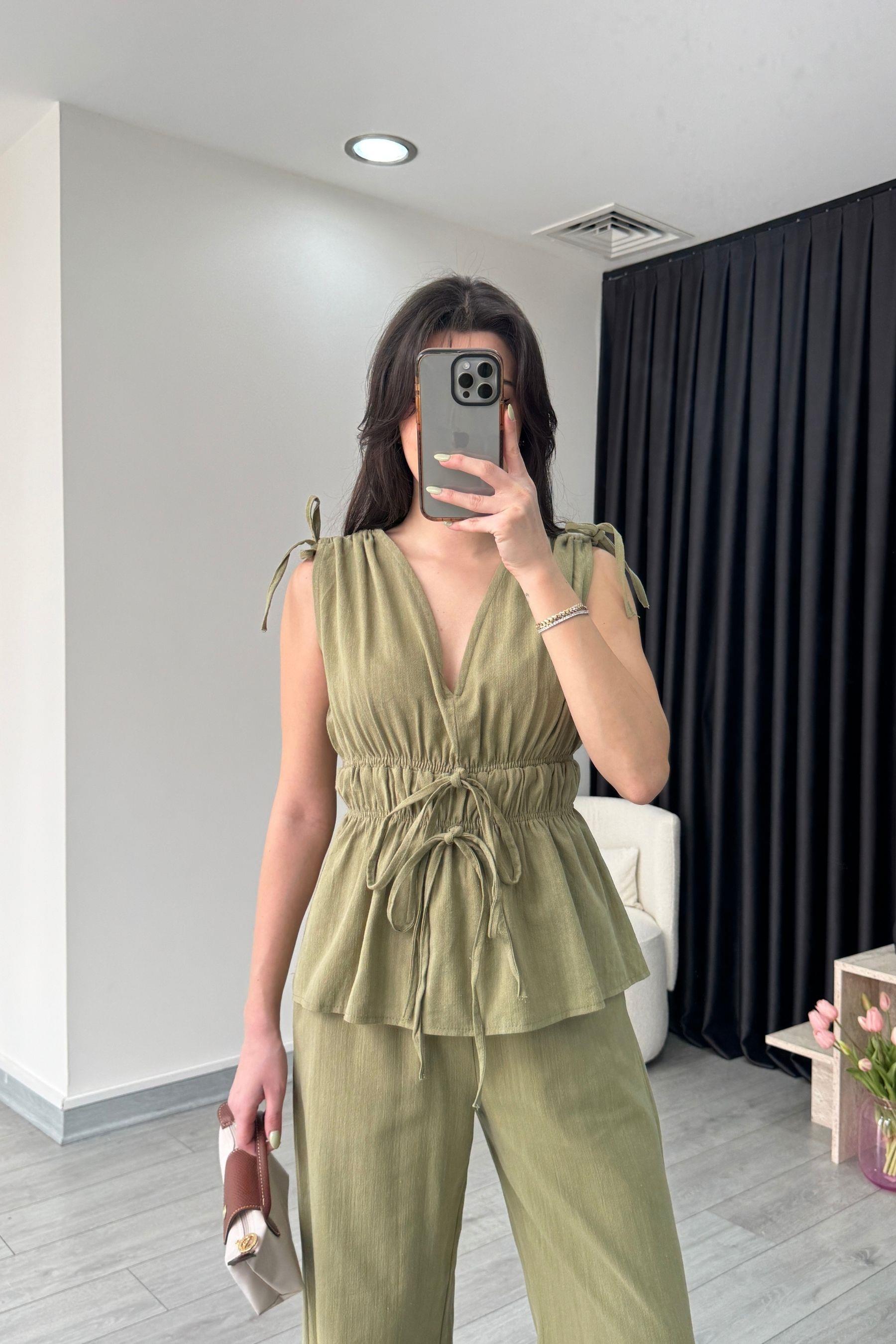 Elina Keten Dokulu Haki Bluz Pantolon Takım