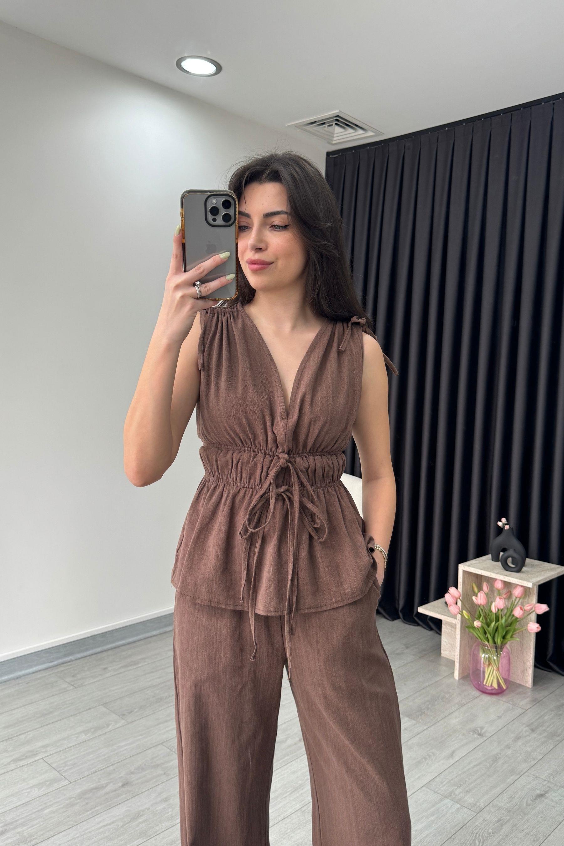 Elina Keten Dokulu Kahve Bluz Pantolon Takım