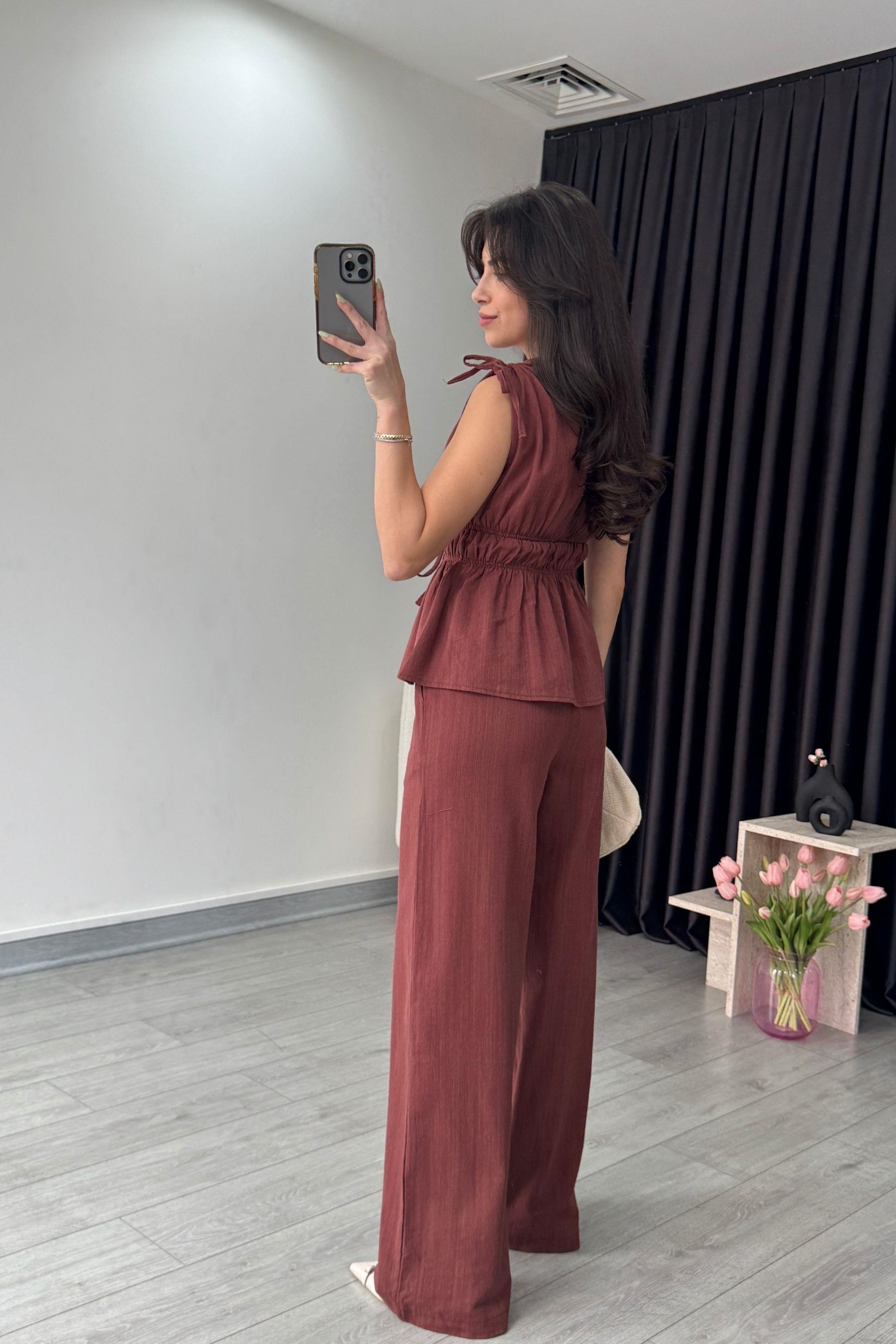 Elina Keten Dokulu Kiremit Bluz Pantolon Takım