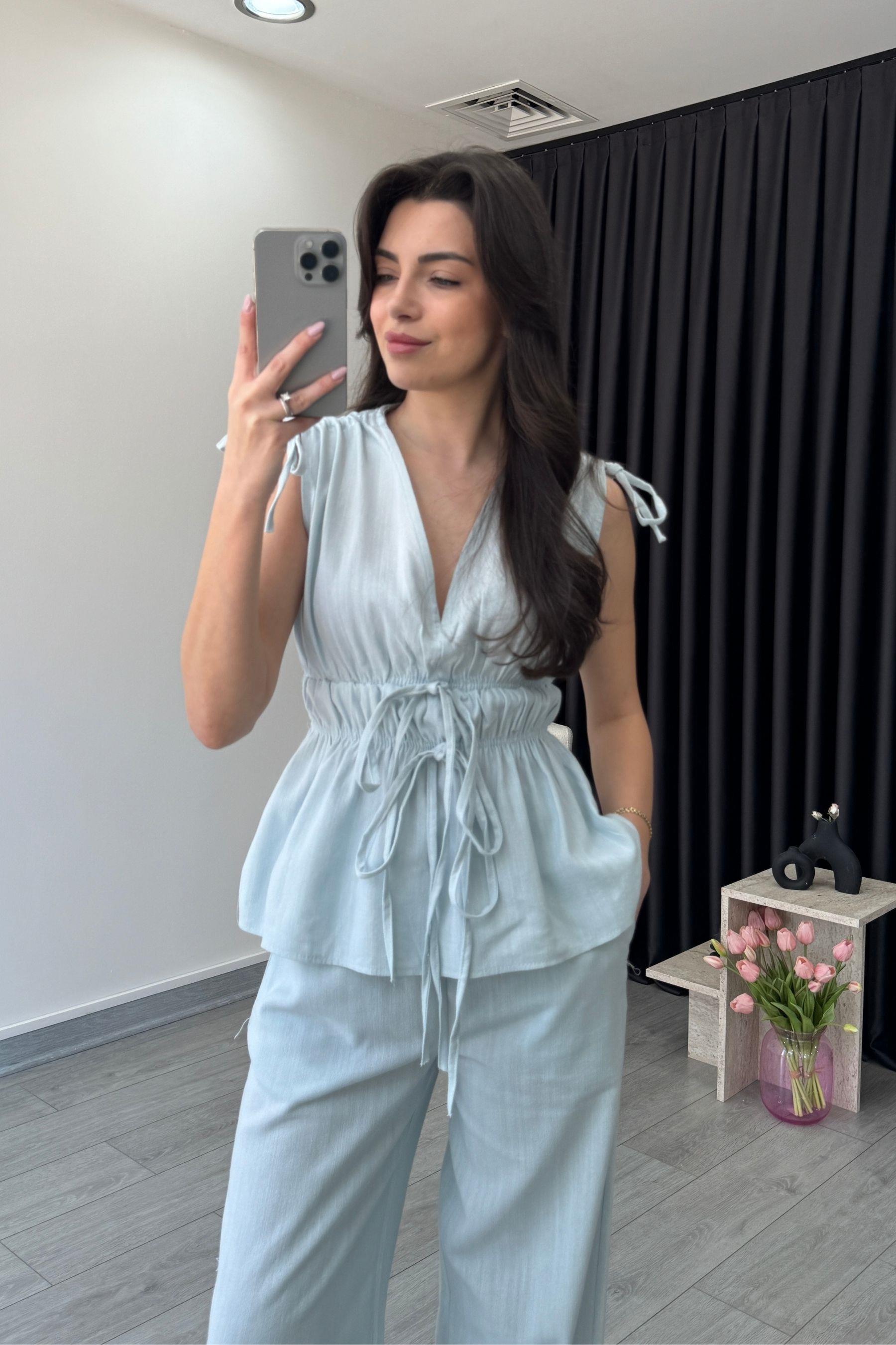 Elina Keten Dokulu Mavi Bluz Pantolon Takım