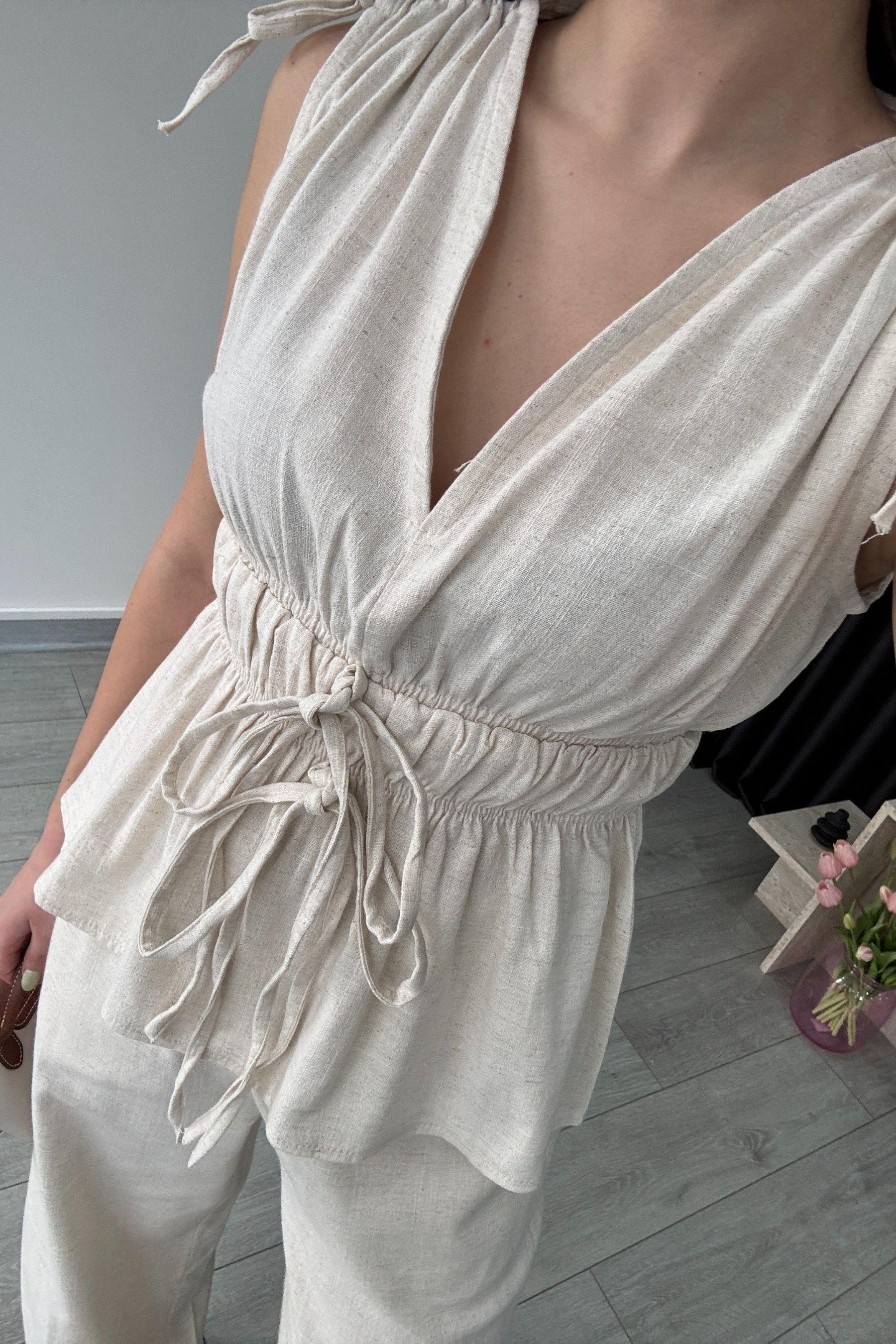 Elina Keten Dokulu Natural Bluz Pantolon Takım