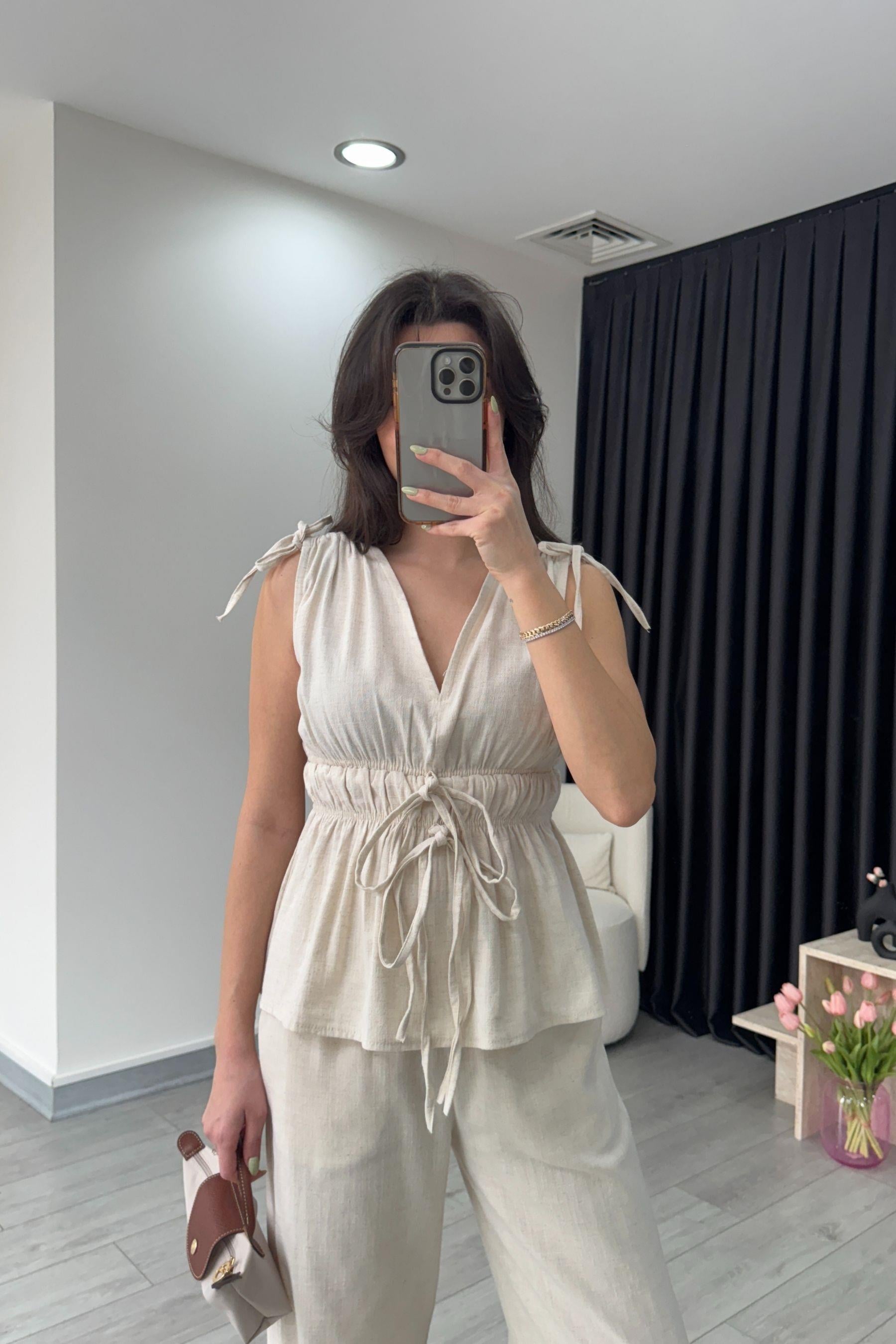 Elina Keten Dokulu Natural Bluz Pantolon Takım