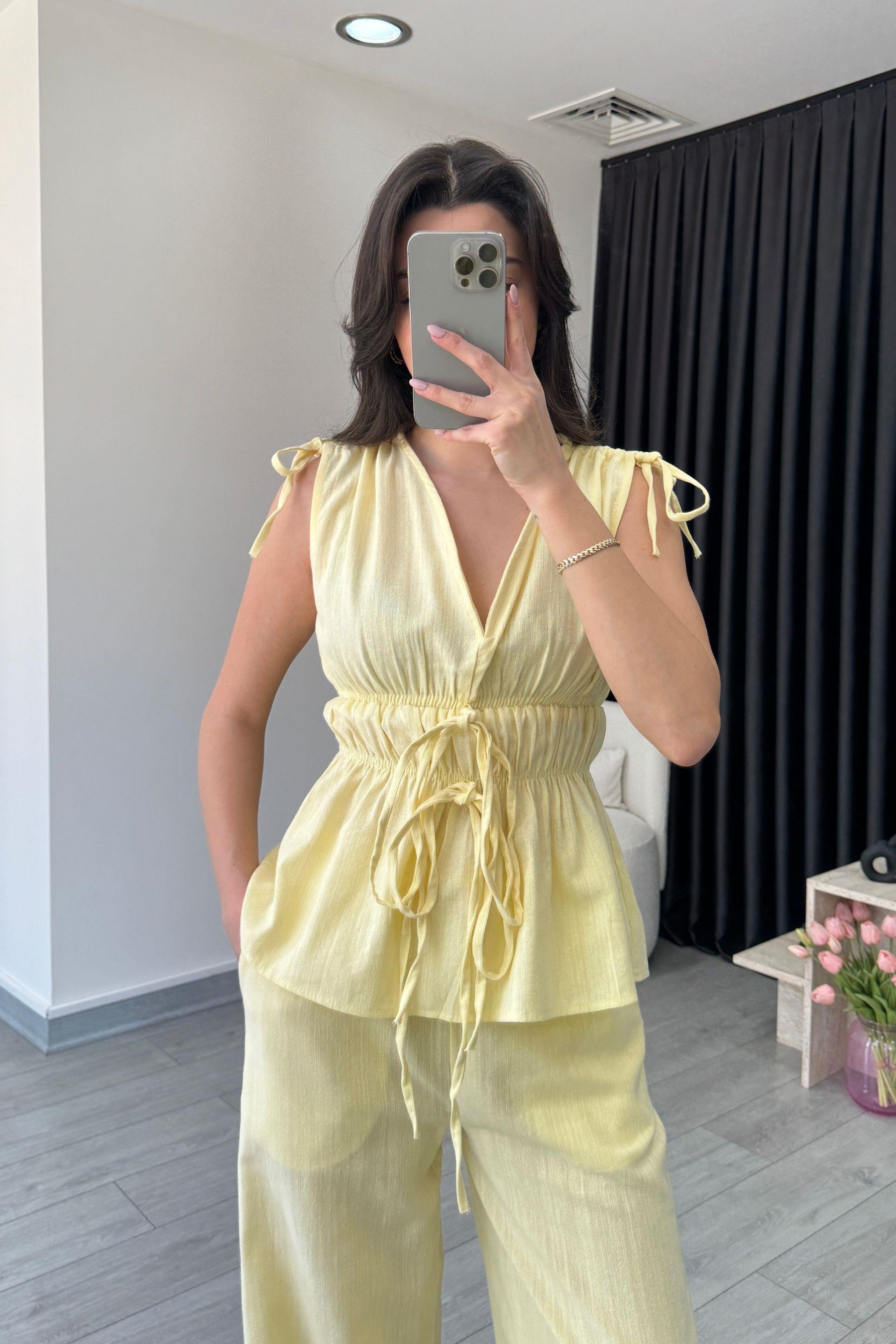 Elina Keten Dokulu Sarı Bluz Pantolon Takım