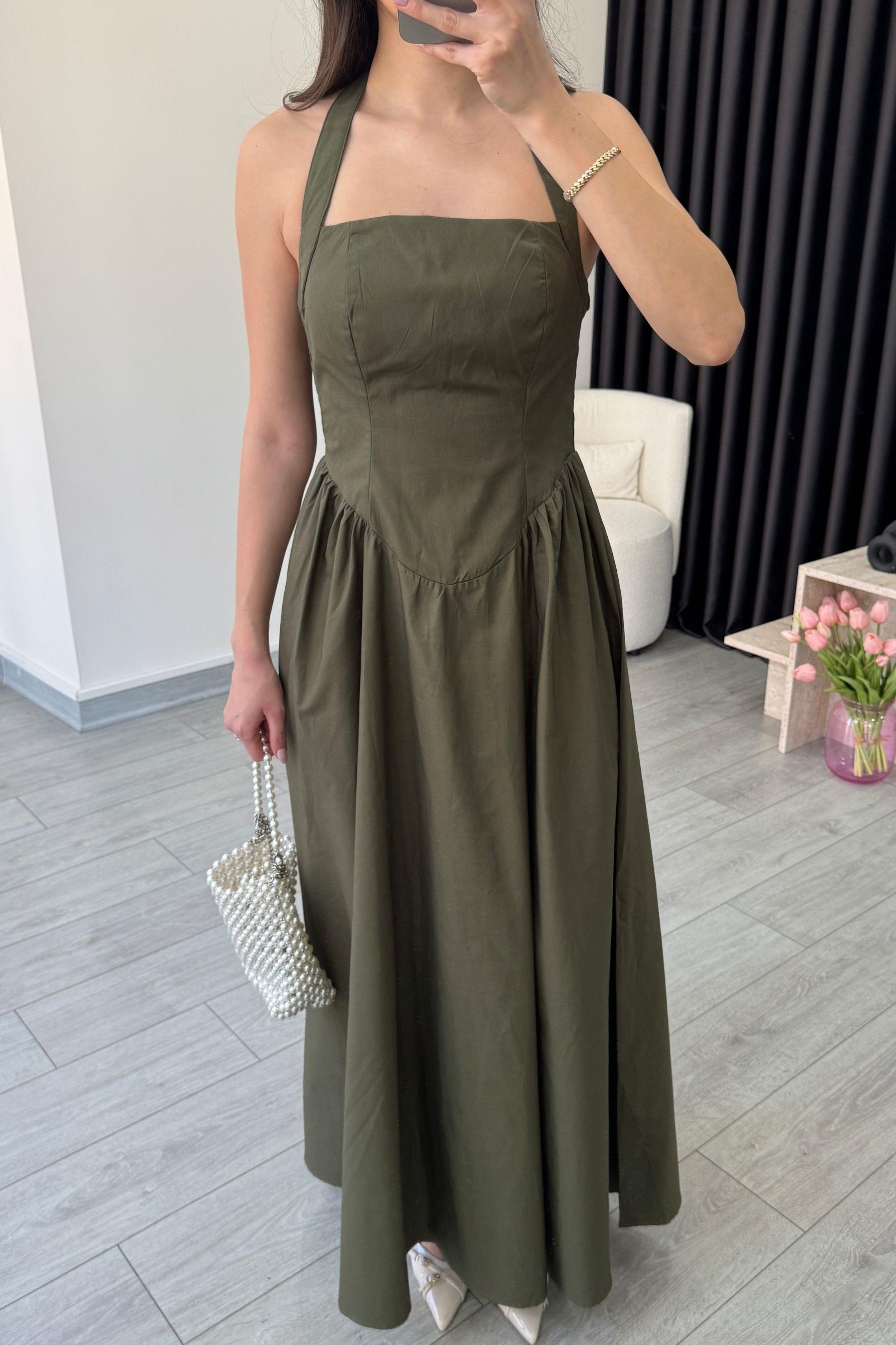 Ester Boyundan Askılı Haki Maxi Elbise