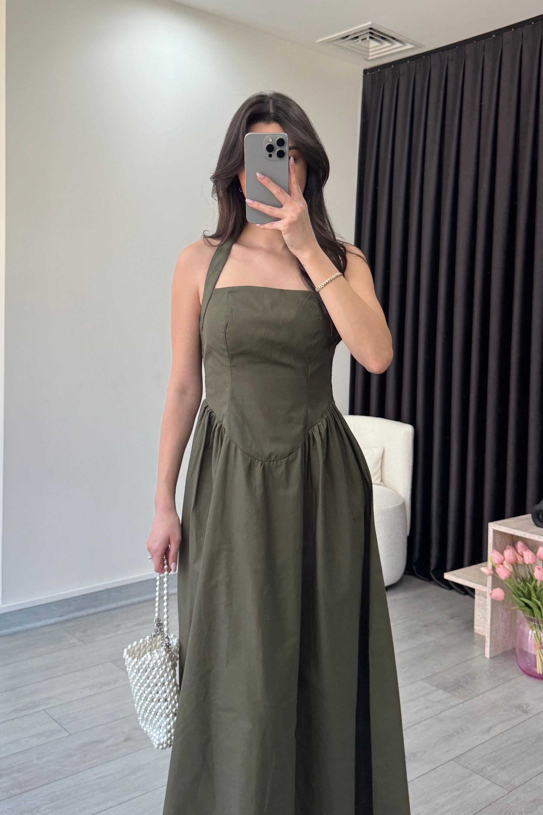 Ester Boyundan Askılı Haki Maxi Elbise