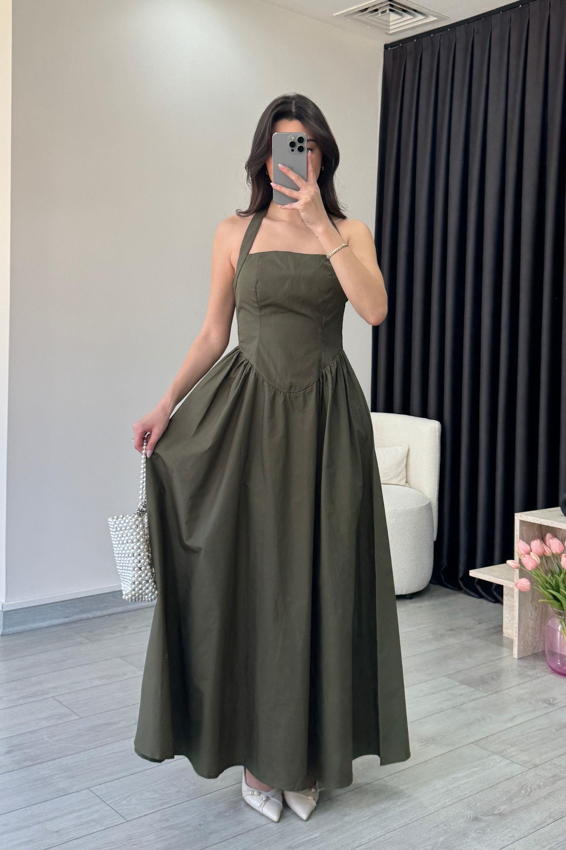 Ester Boyundan Askılı Haki Maxi Elbise