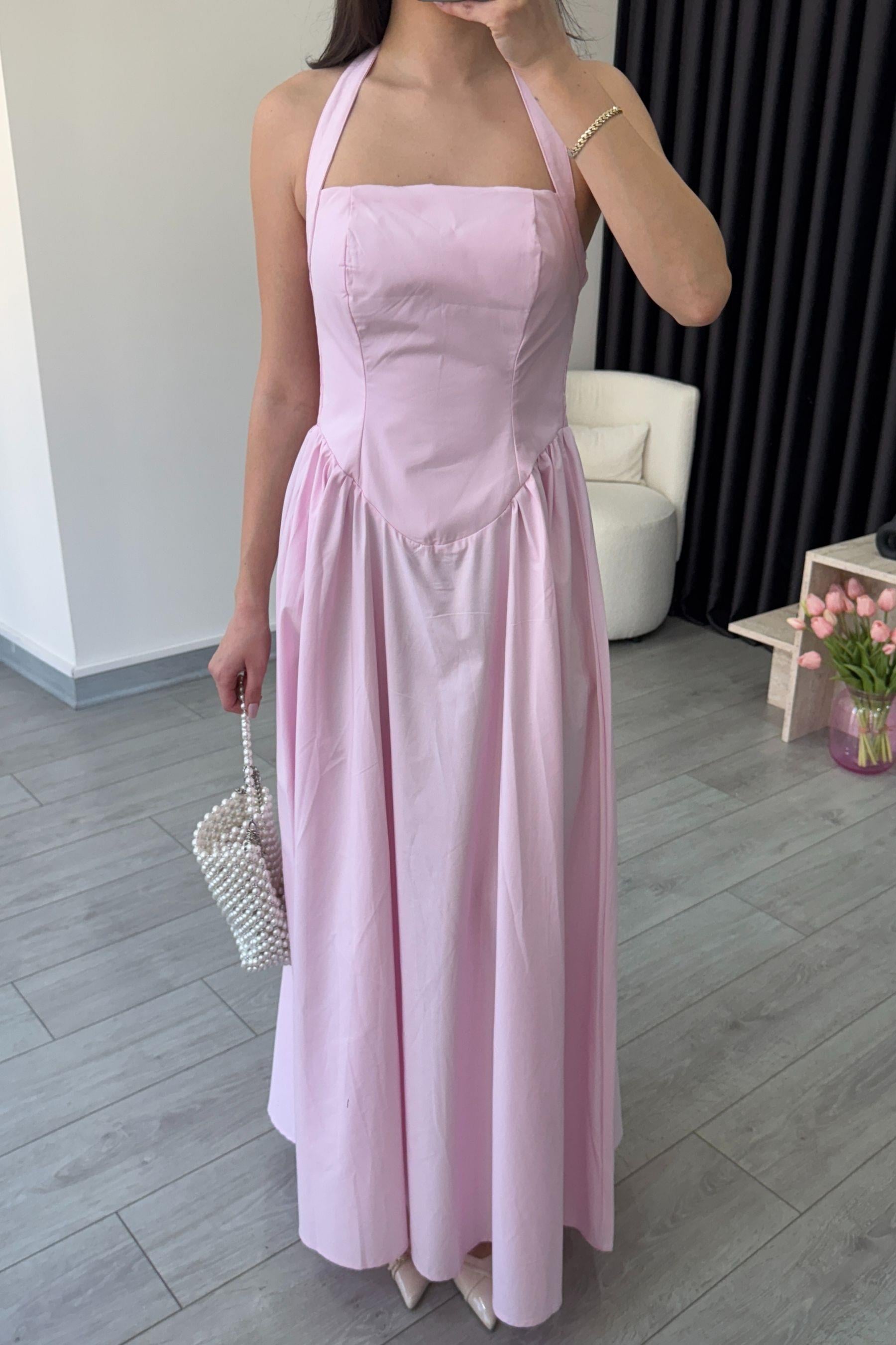 Ester Boyundan Askılı Pembe Maxi Elbise
