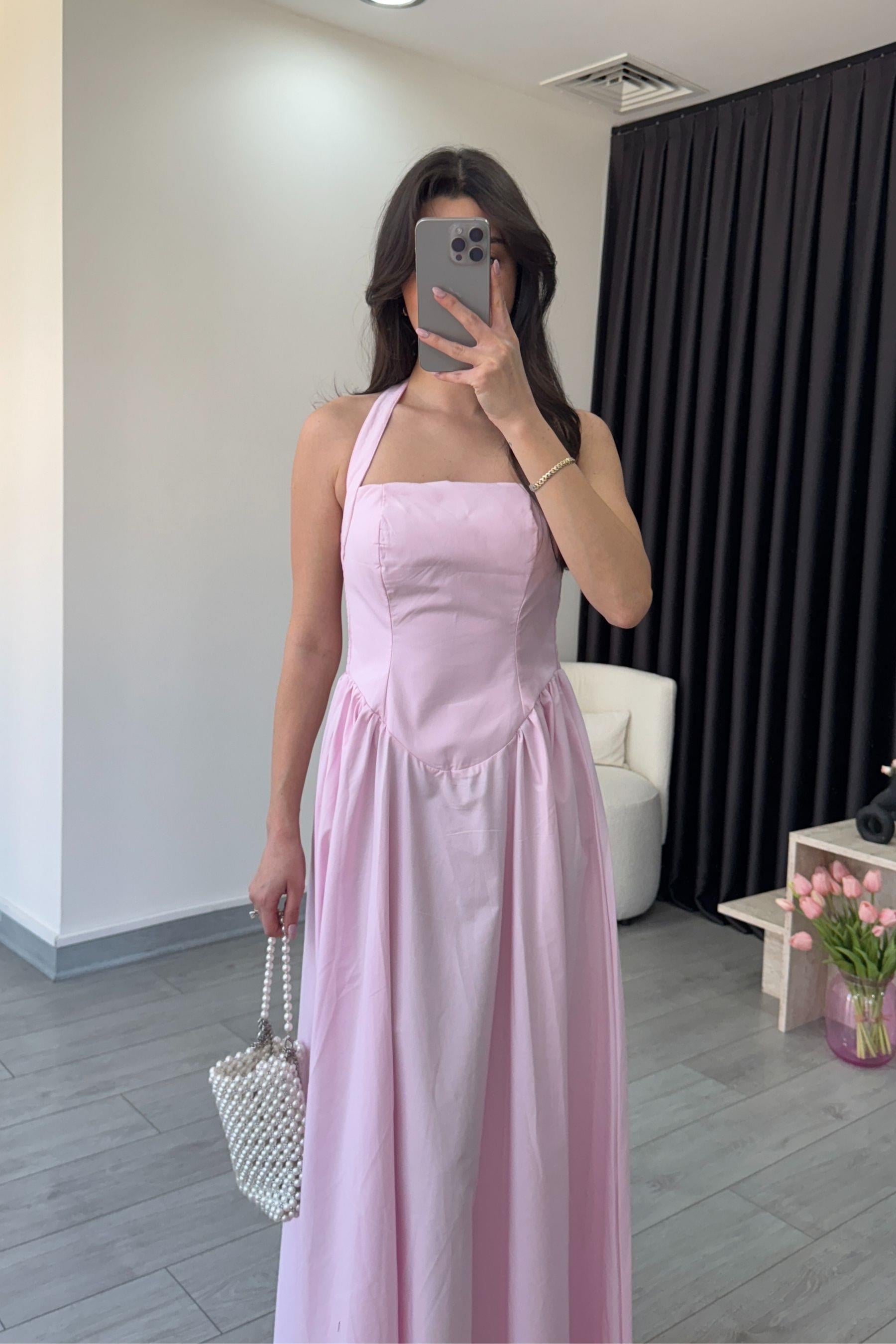 Ester Boyundan Askılı Pembe Maxi Elbise