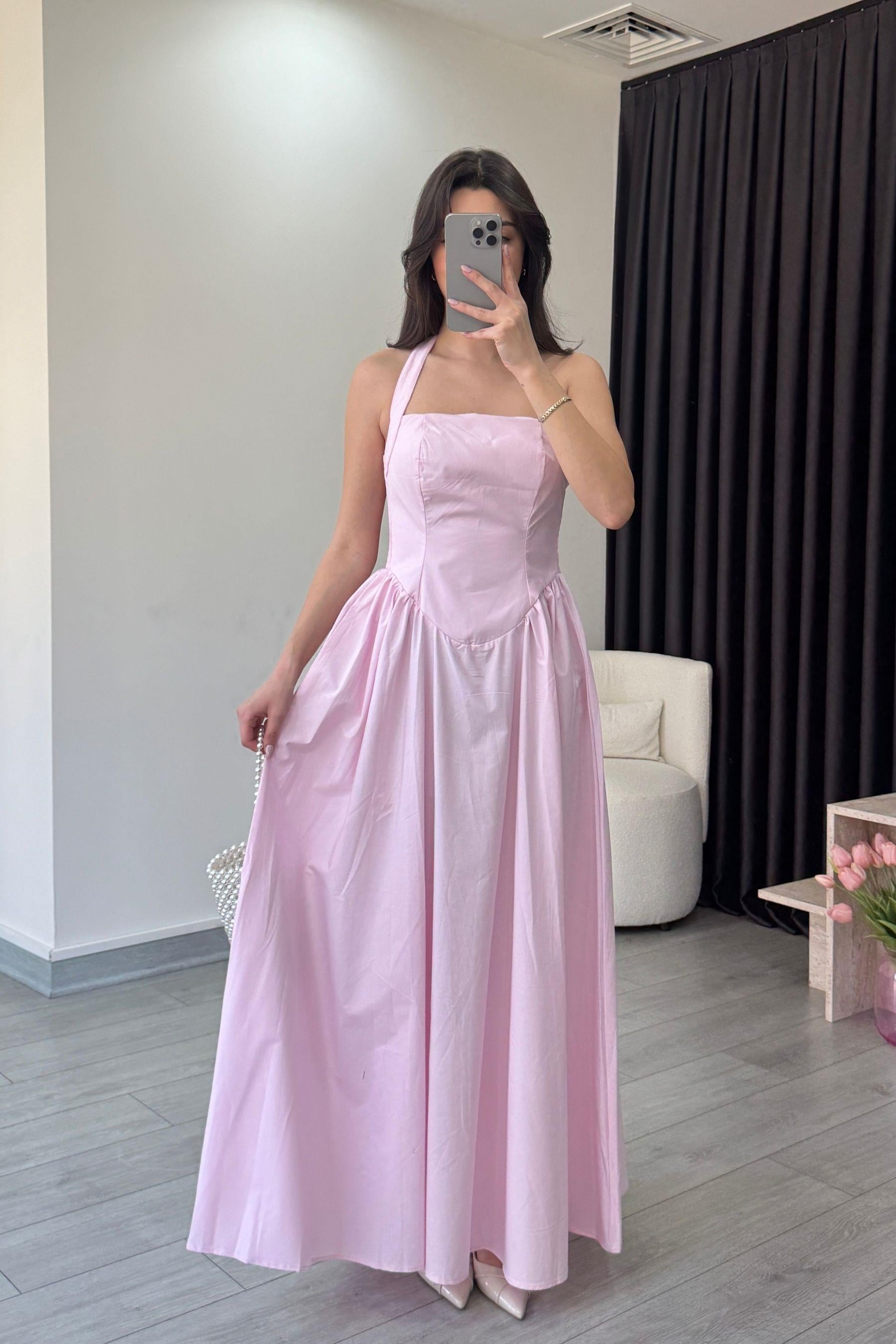 Ester Boyundan Askılı Pembe Maxi Elbise