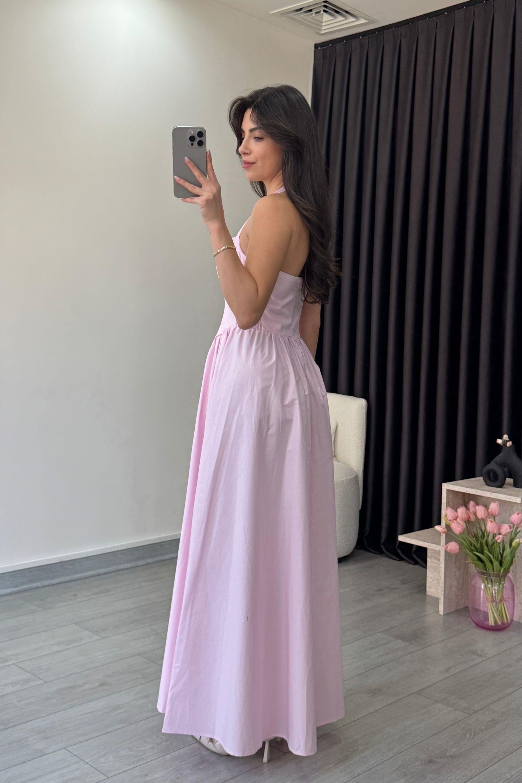 Ester Boyundan Askılı Pembe Maxi Elbise