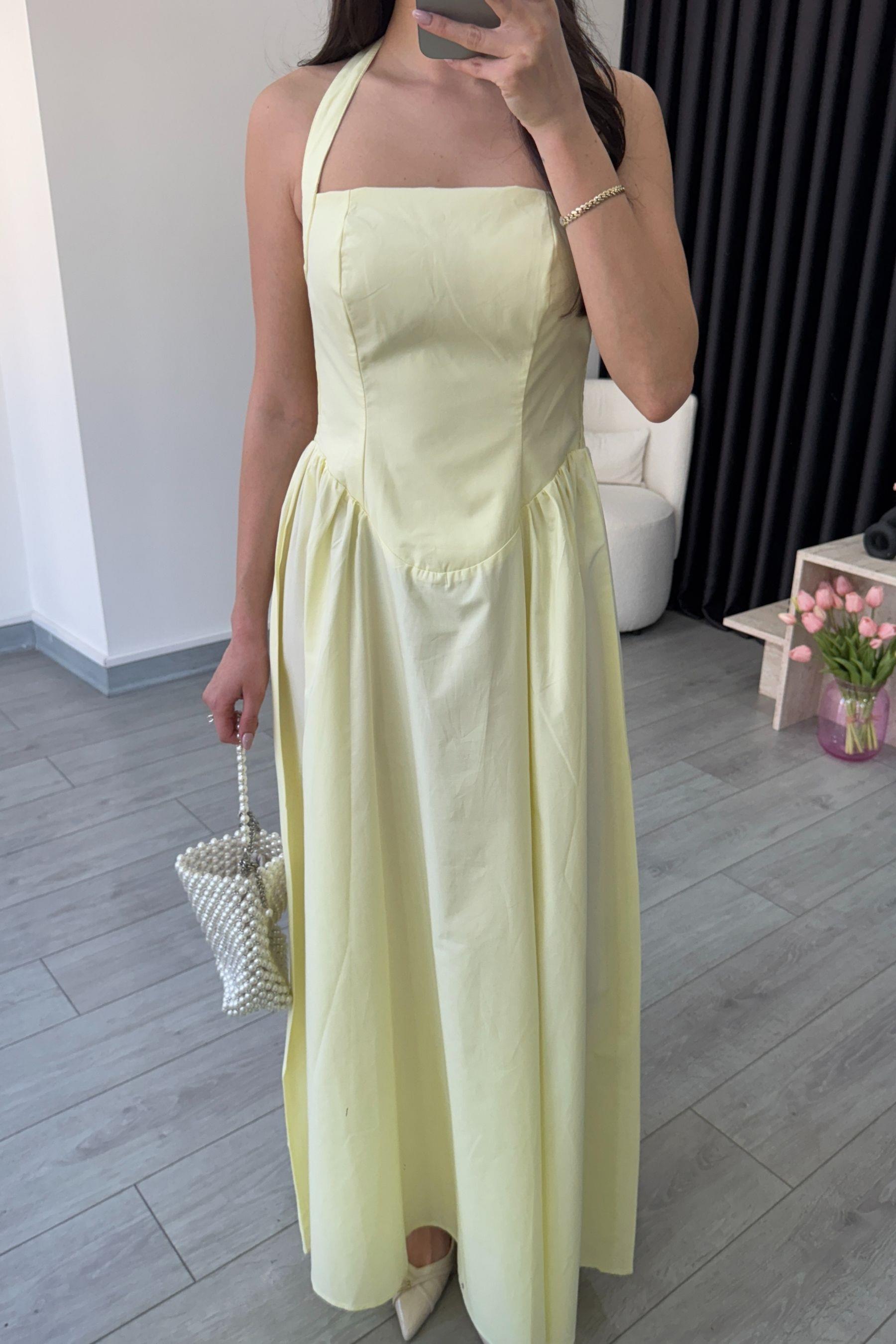Ester Boyundan Askılı Sarı Maxi Elbise