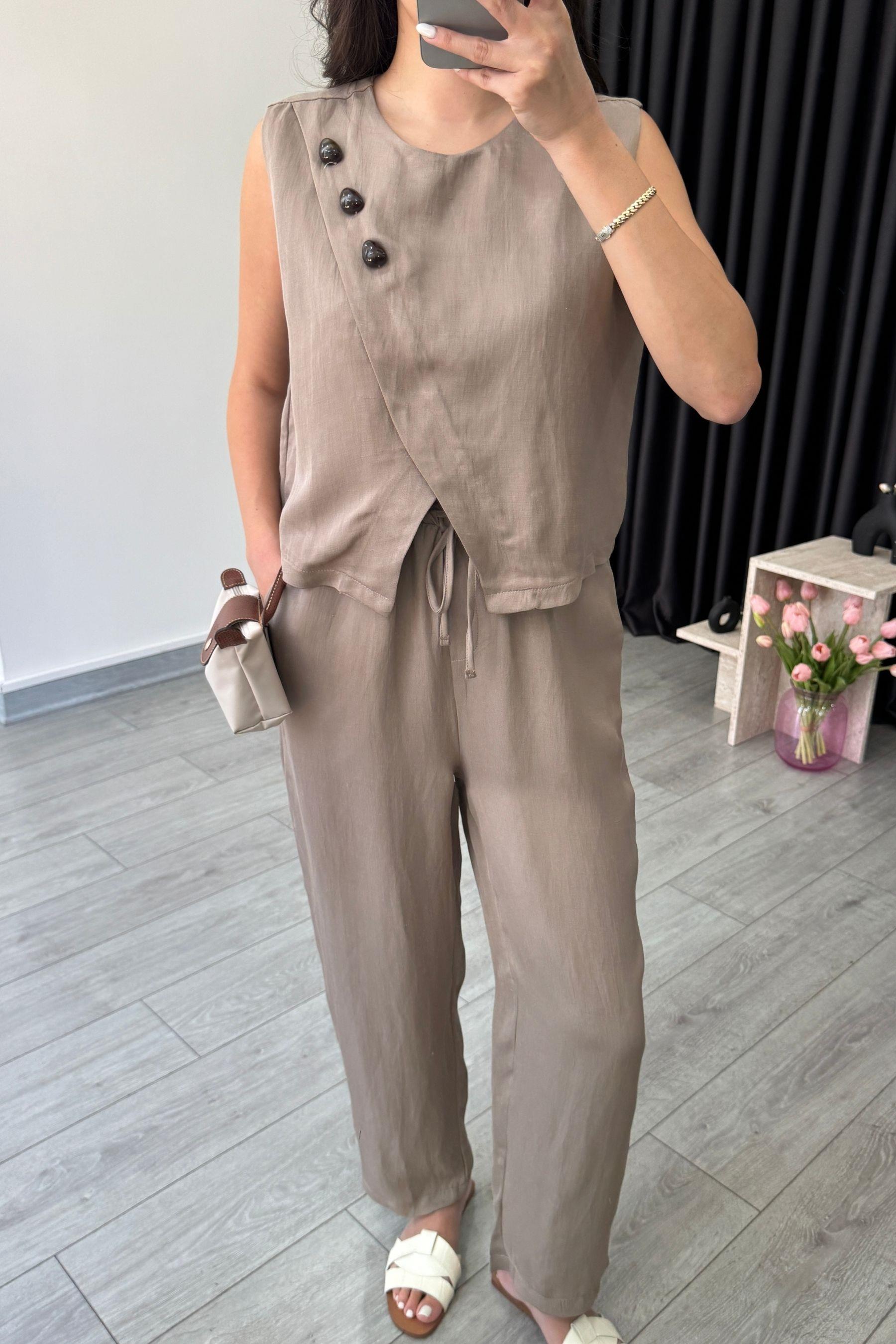 Eva Vizon Parlak Kumaş Taş Detaylı Takım