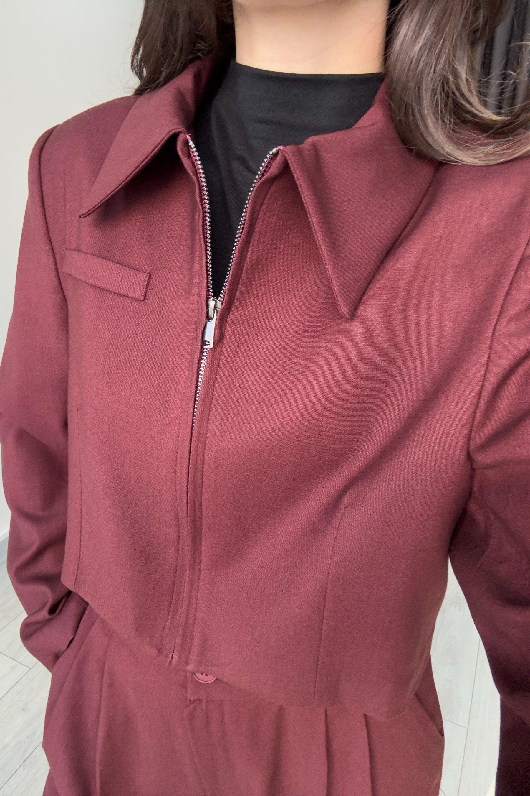 Fermuarlı Bordo Crop Ceket