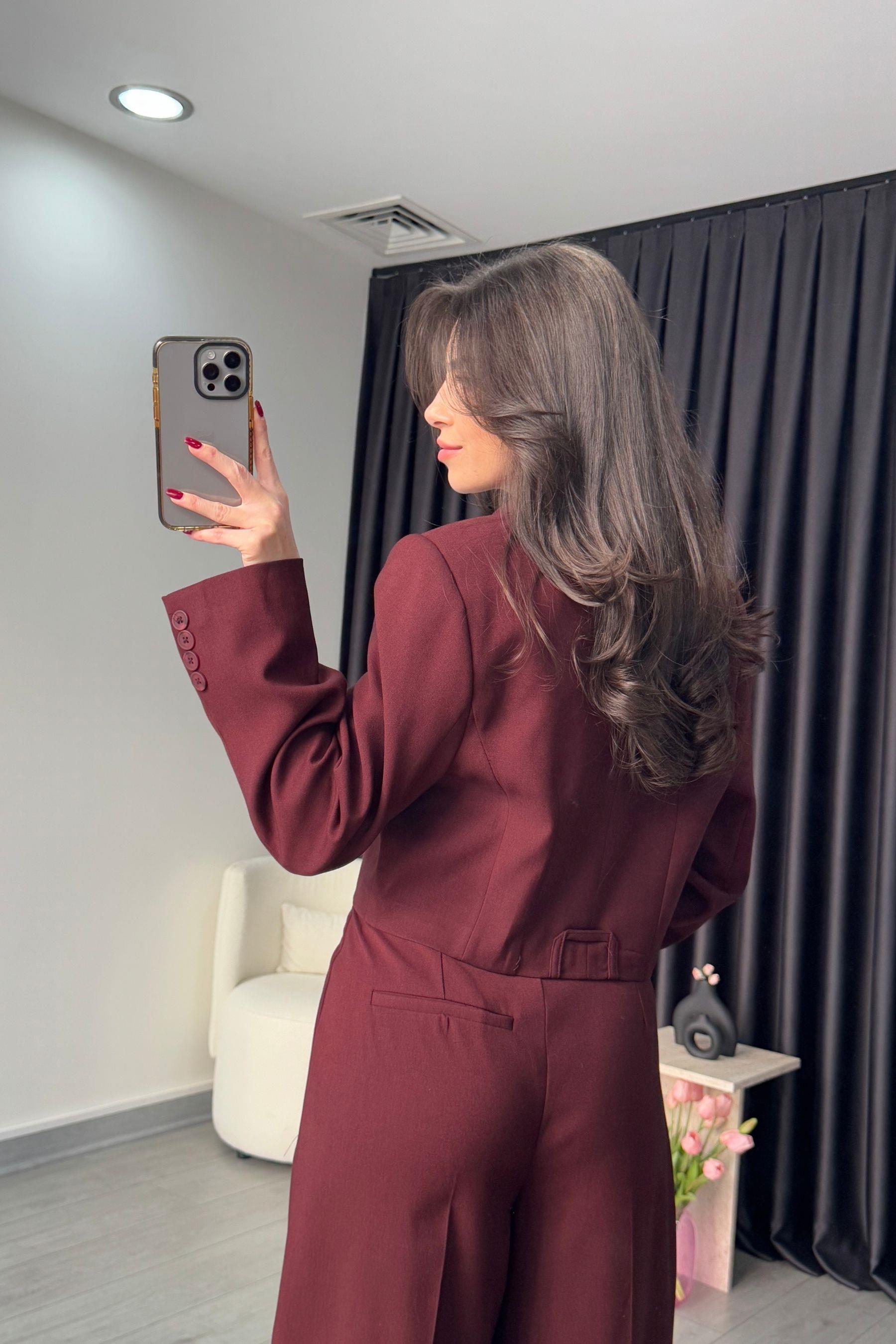 Fermuarlı Bordo Crop Ceket