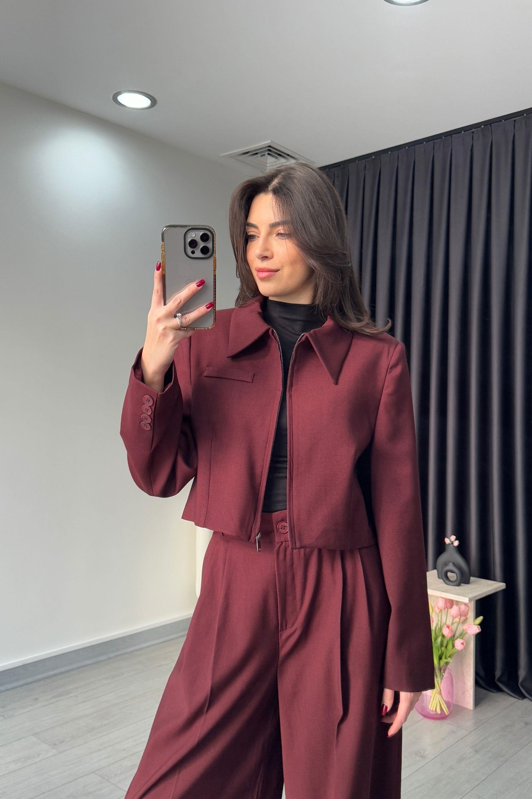 Fermuarlı Bordo Crop Ceket