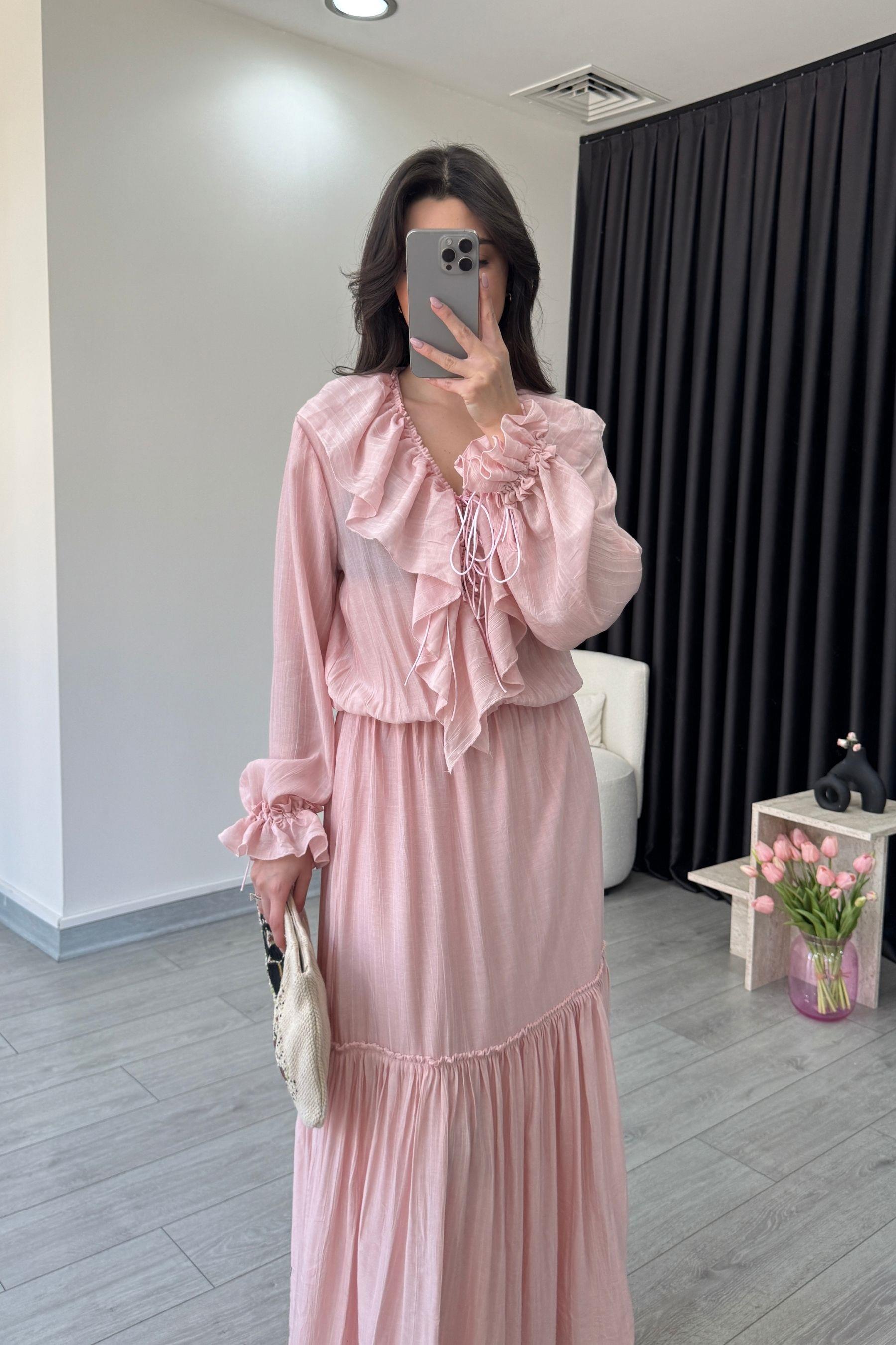 Fırfır Detay Pembe Şifon Maxi Elbise