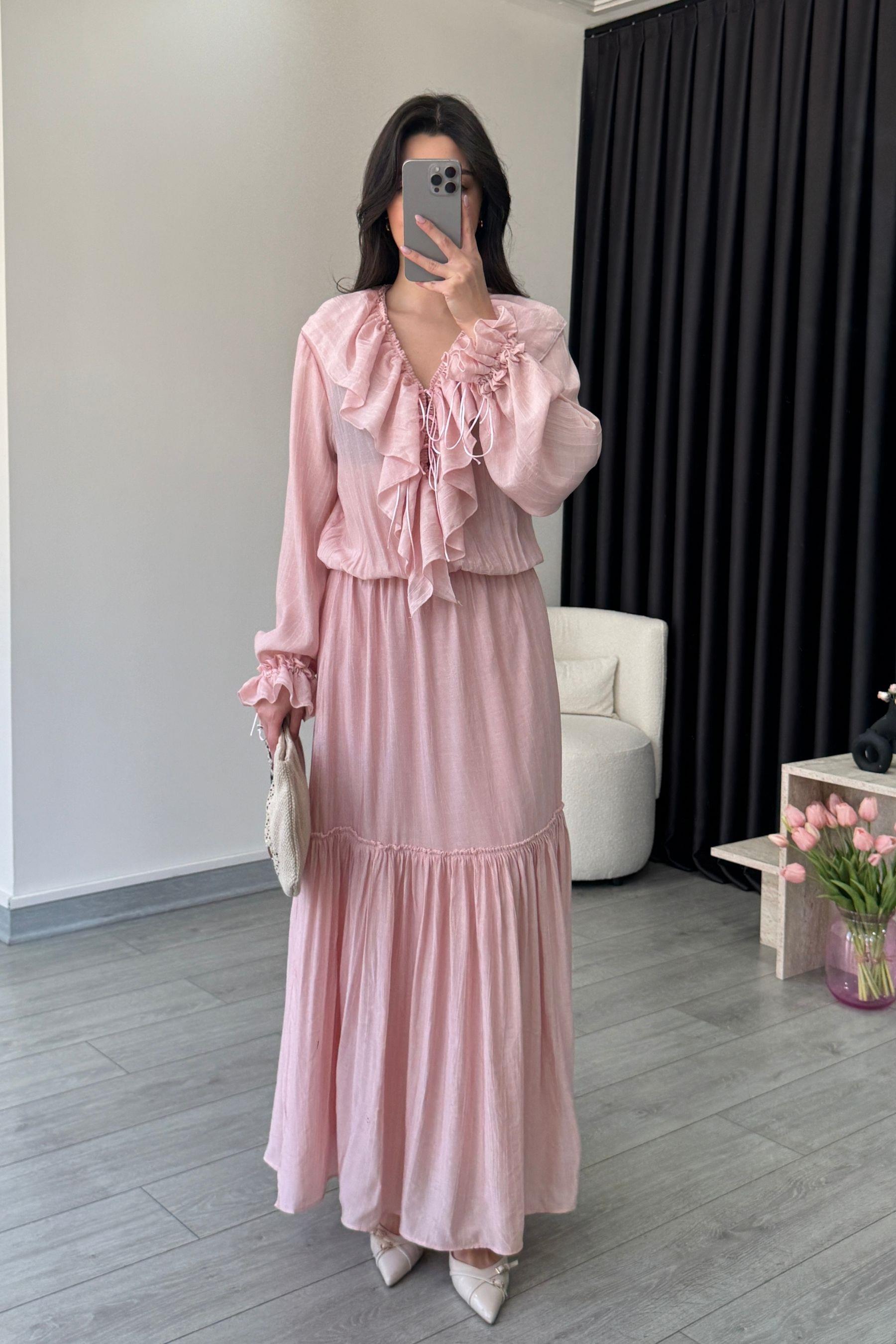 Fırfır Detay Pembe Şifon Maxi Elbise
