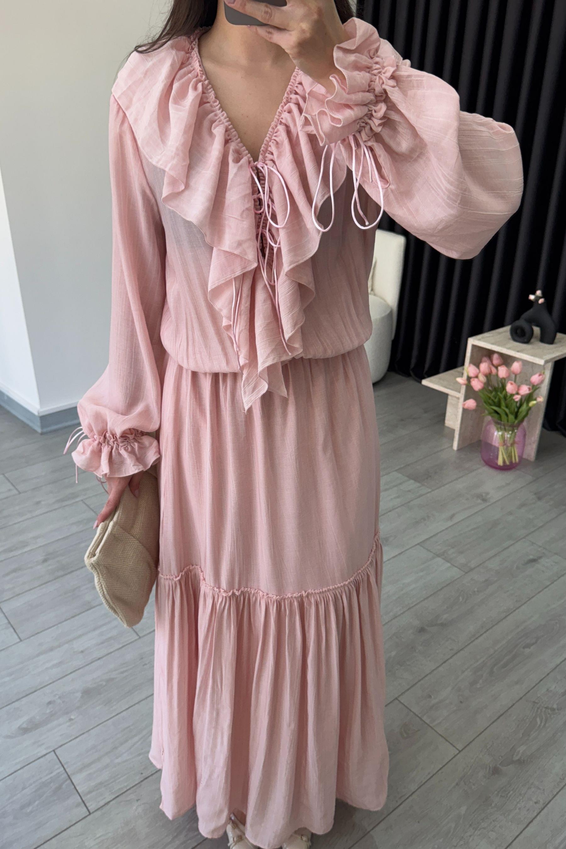 Fırfır Detay Pembe Şifon Maxi Elbise