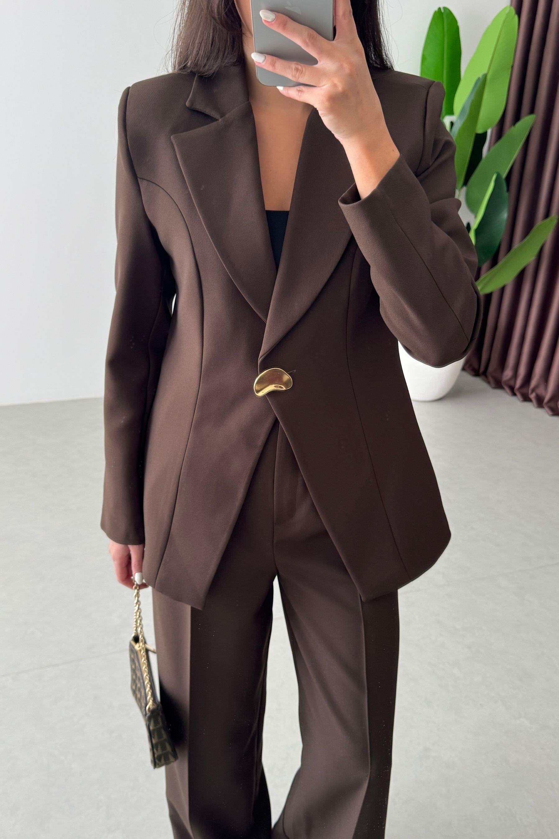 Firm Kahve Gold Düğme Detay Blazer