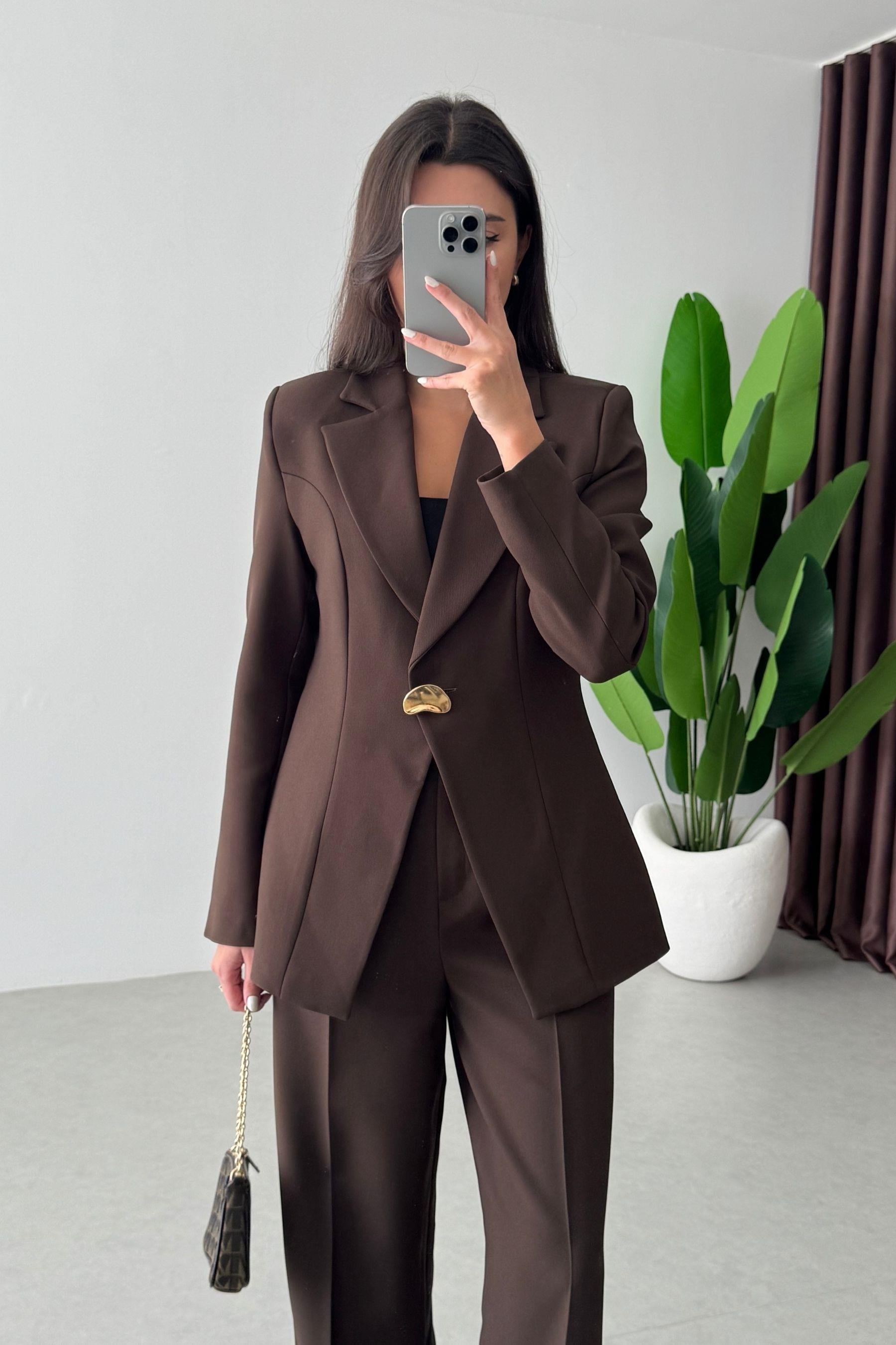 Firm Kahve Gold Düğme Detay Blazer