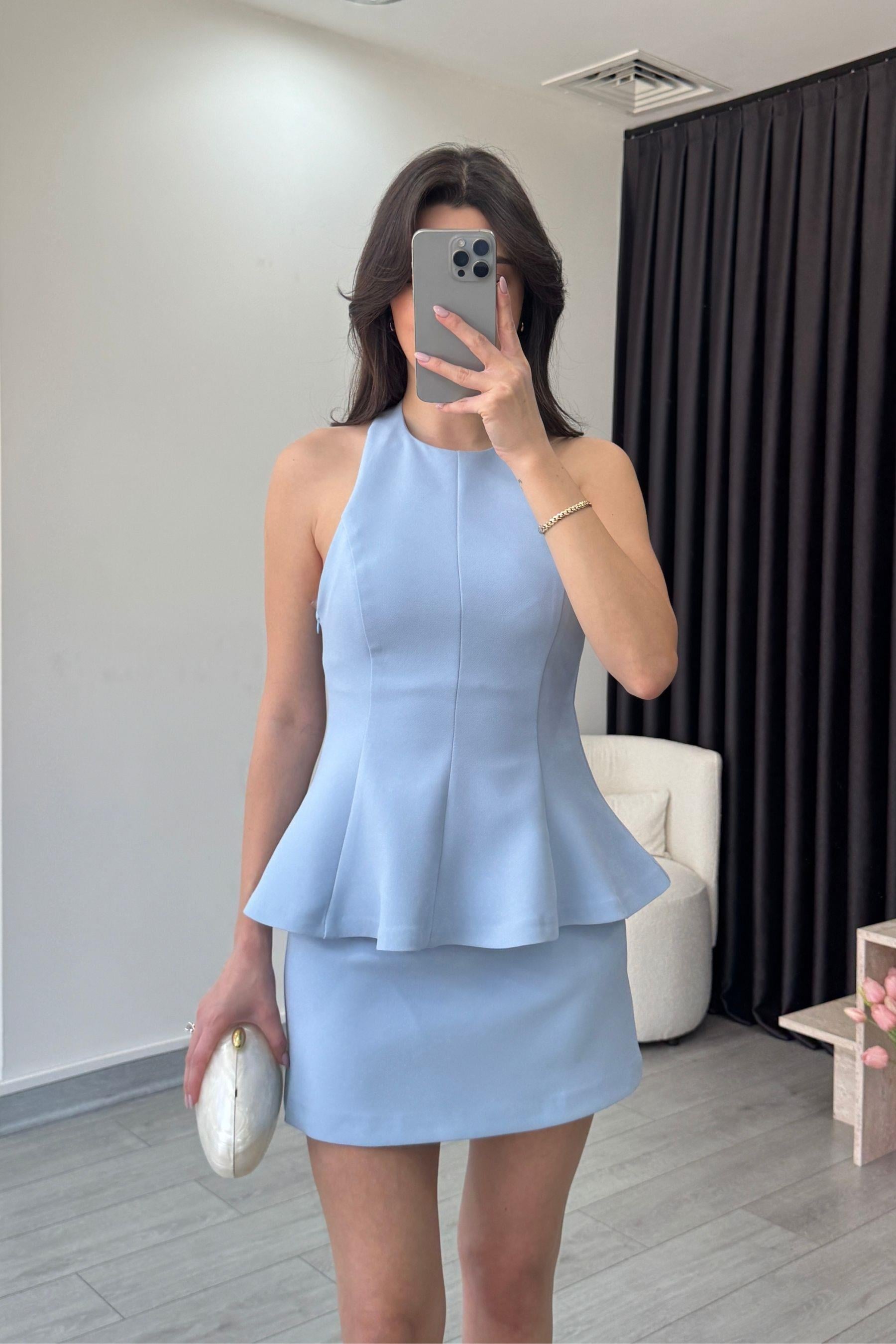 Flora Mavi Volanlı Büstiyer Etek Takım