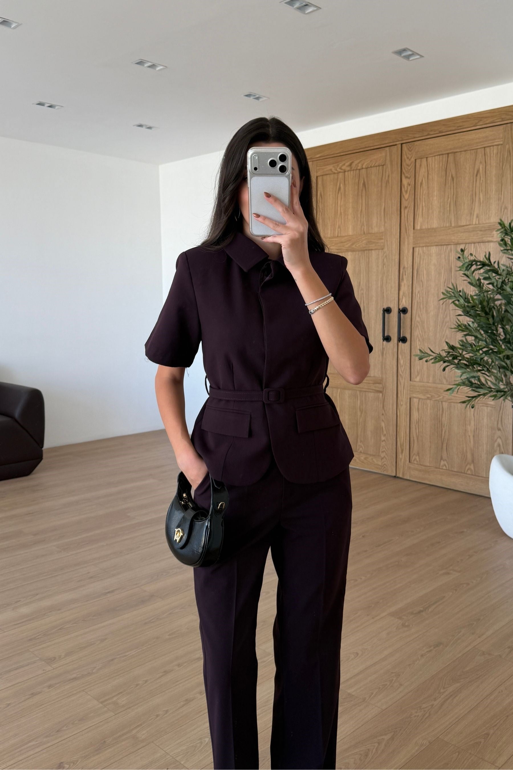 Flora Mürdüm Kemerli Ceket Pantolon Takım