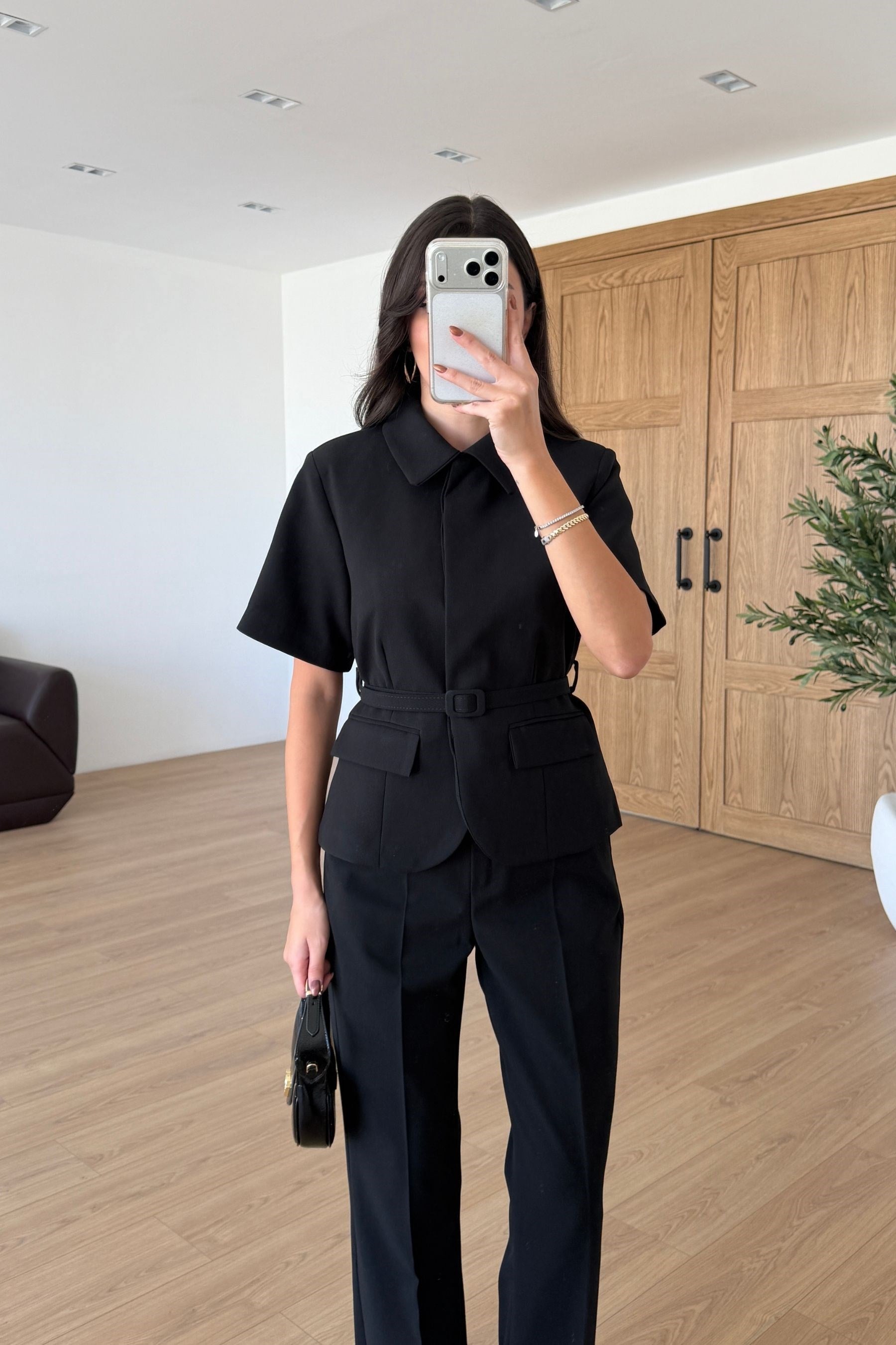 Flora Siyah Kemerli Ceket Pantolon Takım