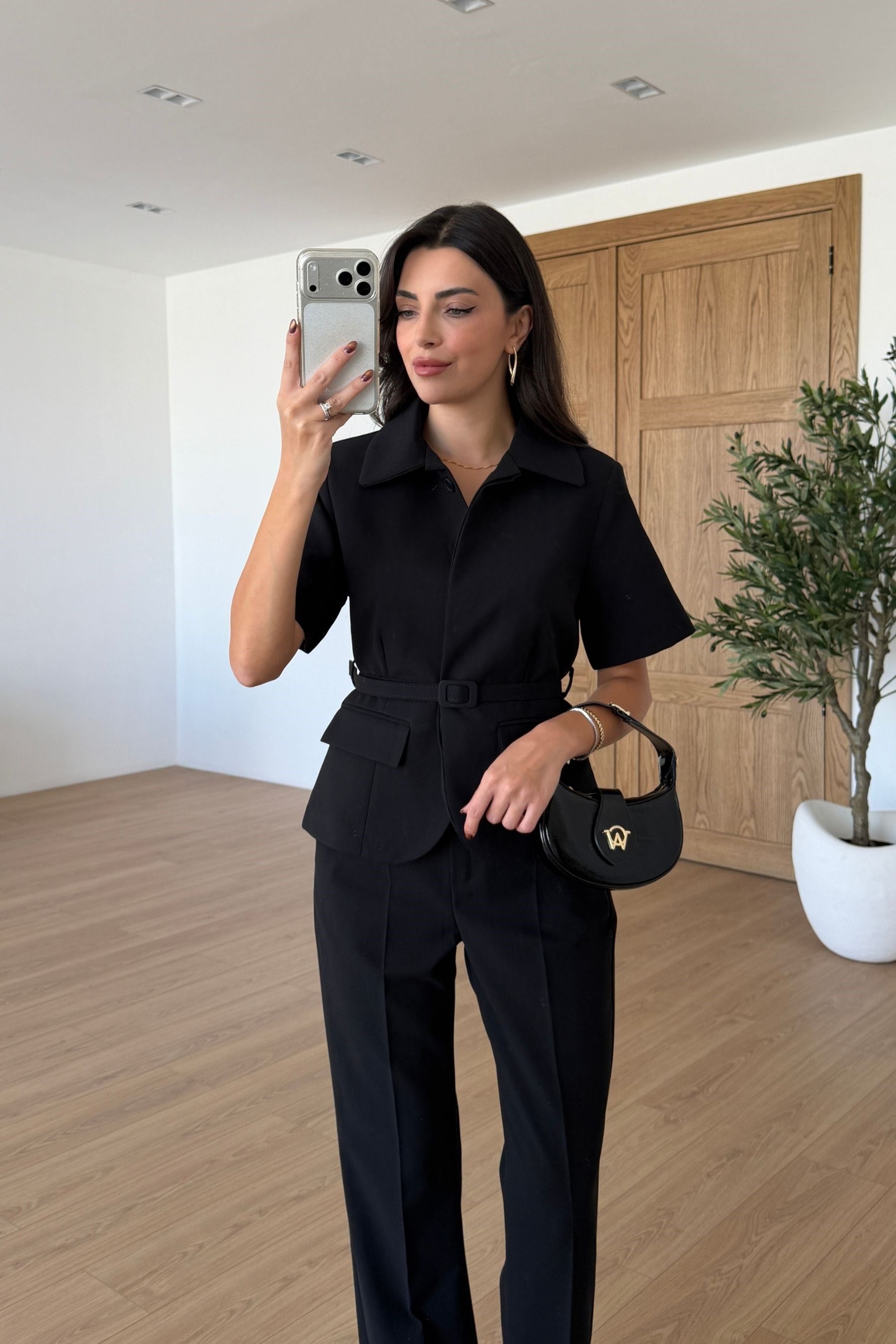 Flora Siyah Kemerli Ceket Pantolon Takım