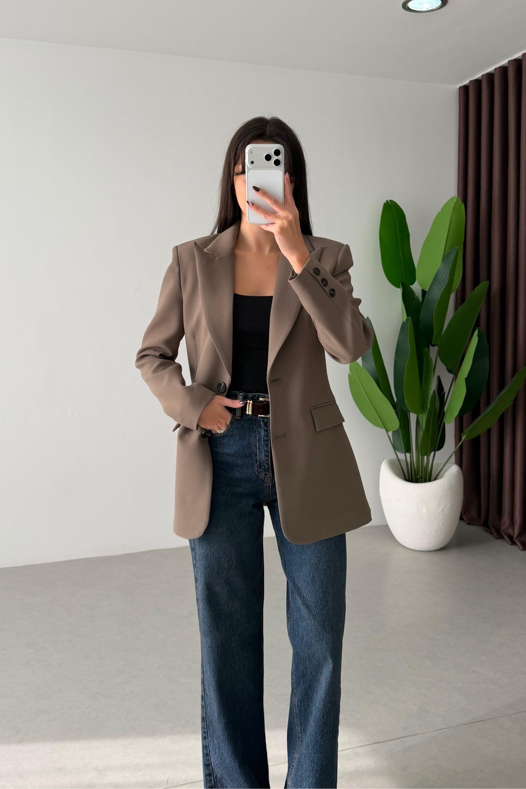 Fores Haki Belden Oturtmalı Astarlı Blazer