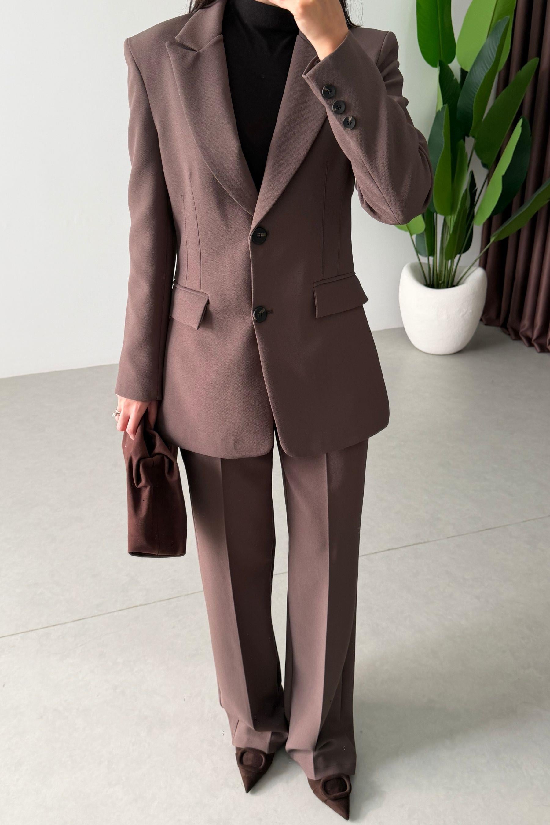 Fores Kahve Belden Oturtmalı Astarlı Blazer