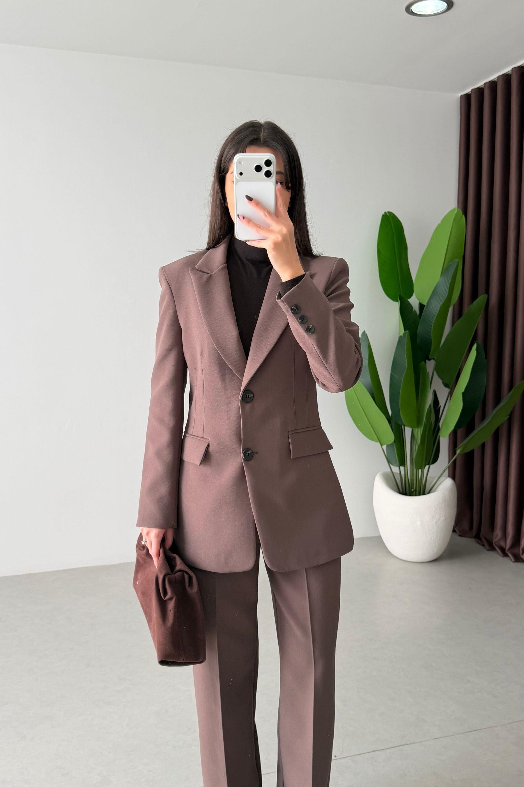 Fores Kahve Belden Oturtmalı Astarlı Blazer