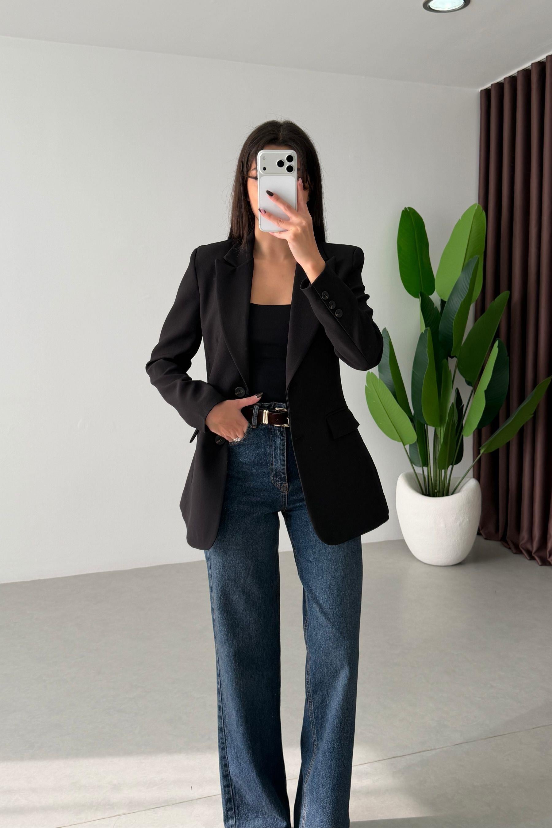 Fores Siyah Belden Oturtmalı Astarlı Blazer