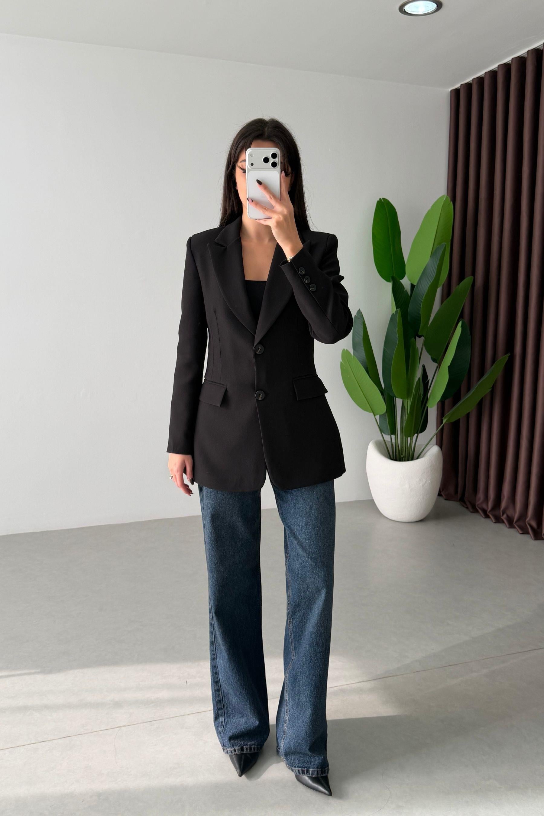 Fores Siyah Belden Oturtmalı Astarlı Blazer