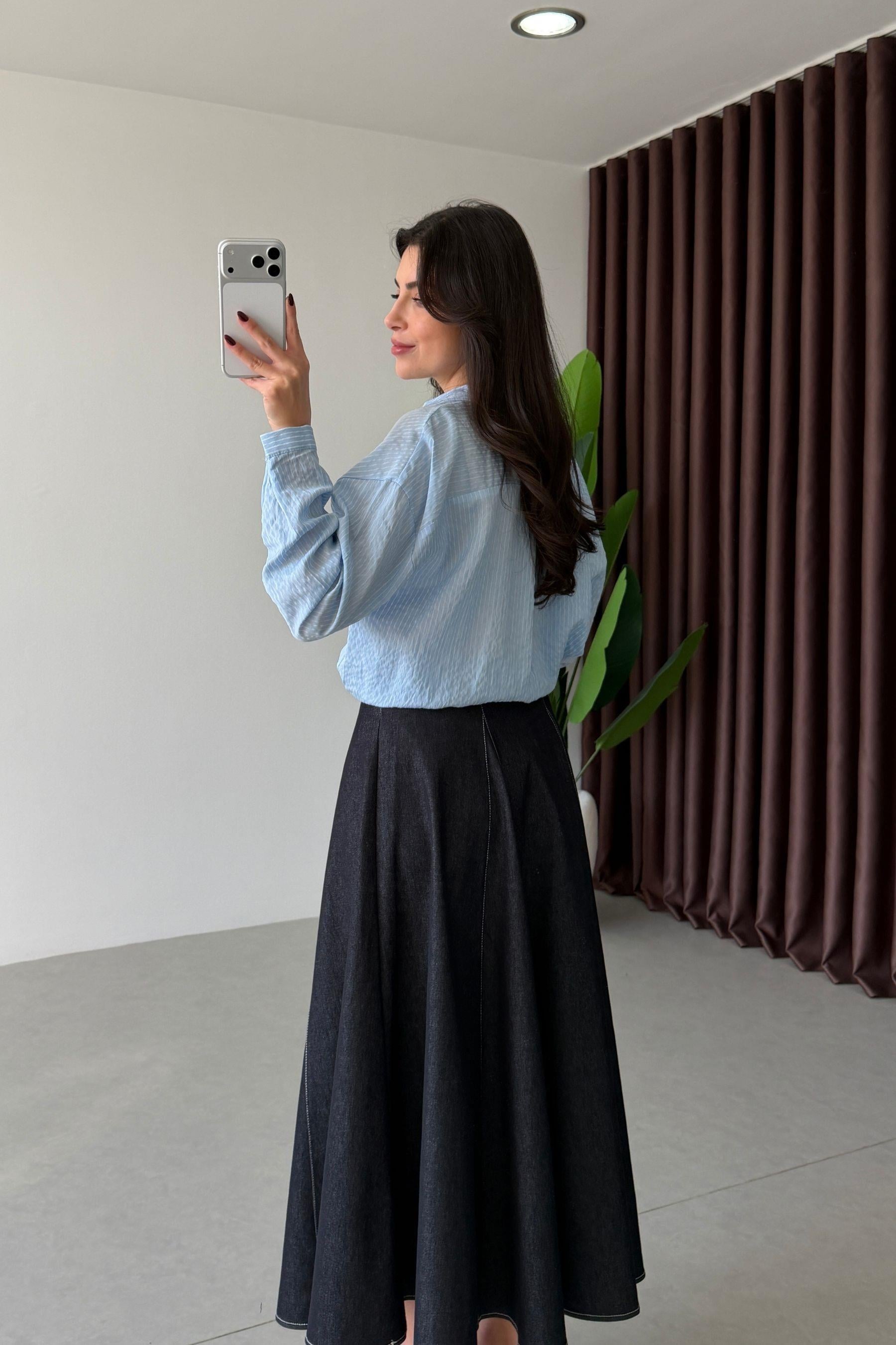 Frame Lacivert Midi Volanlı Denim Etek