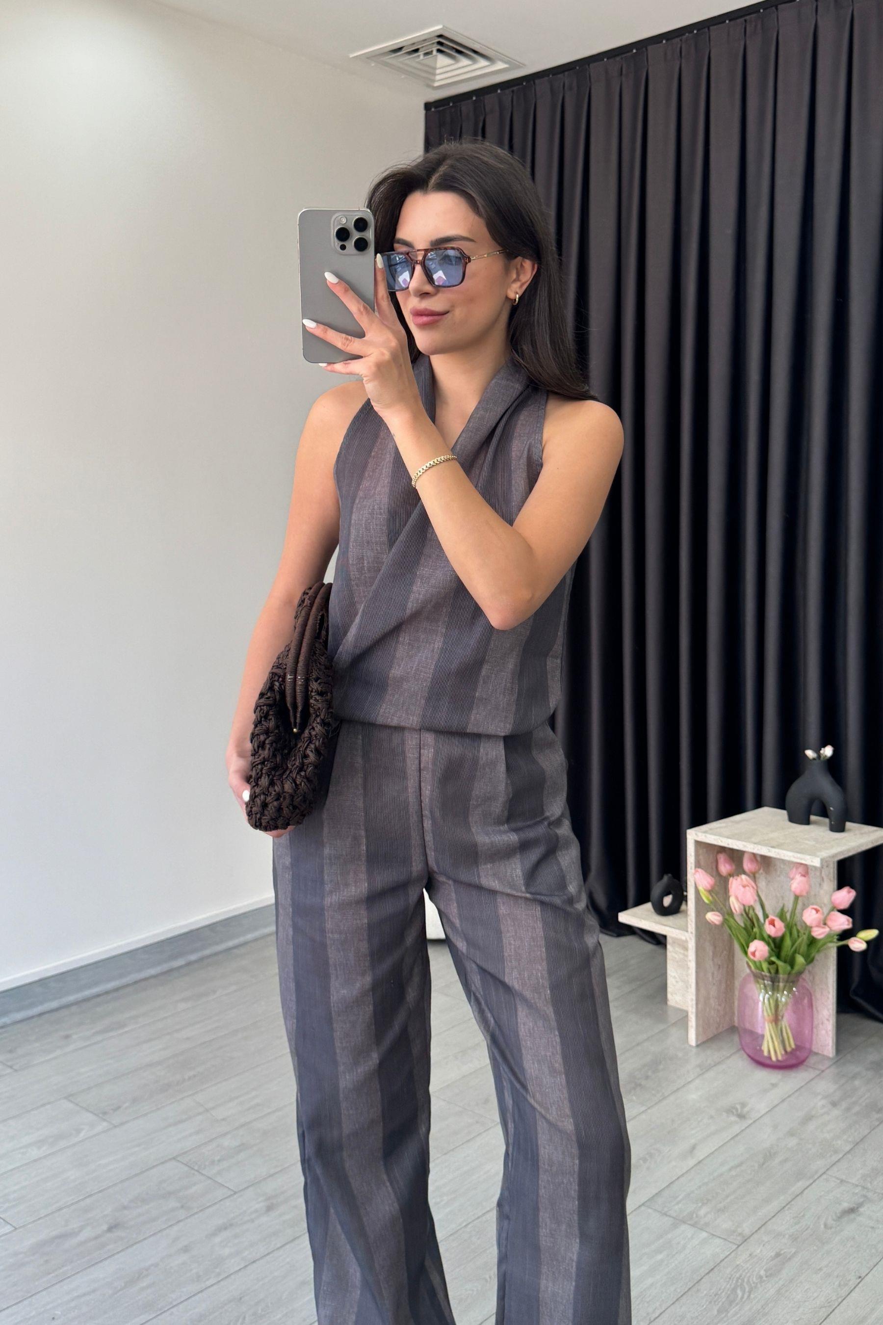 Gina Bağlama Detay Kruvaze Bluz Pantolon Takım