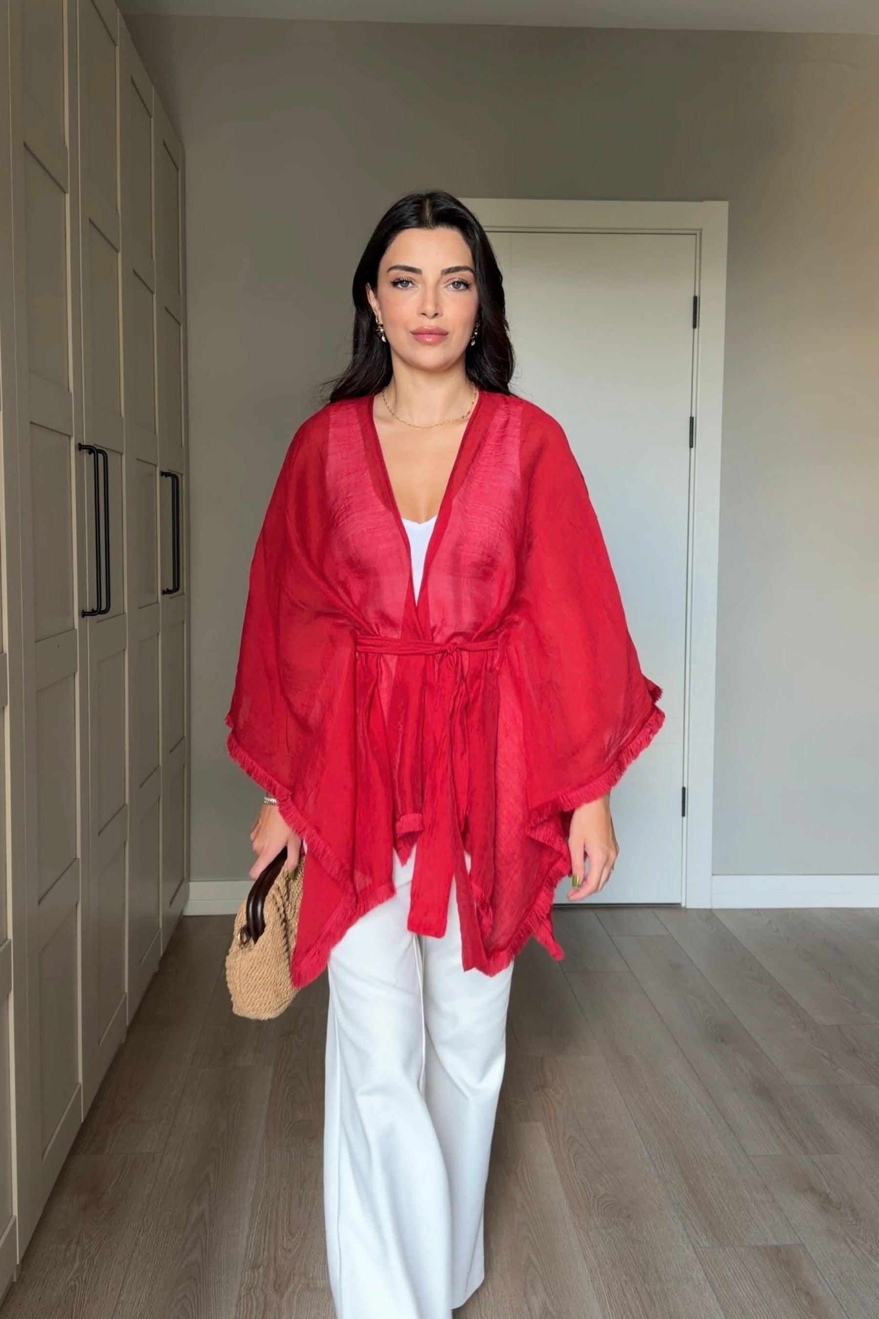 Glow Kırmızı Kuşaklı Tensel Kimono