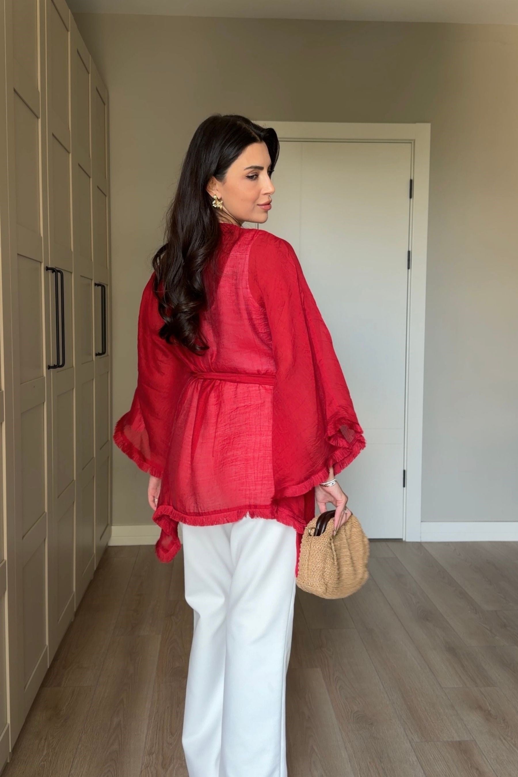 Glow Kırmızı Kuşaklı Tensel Kimono